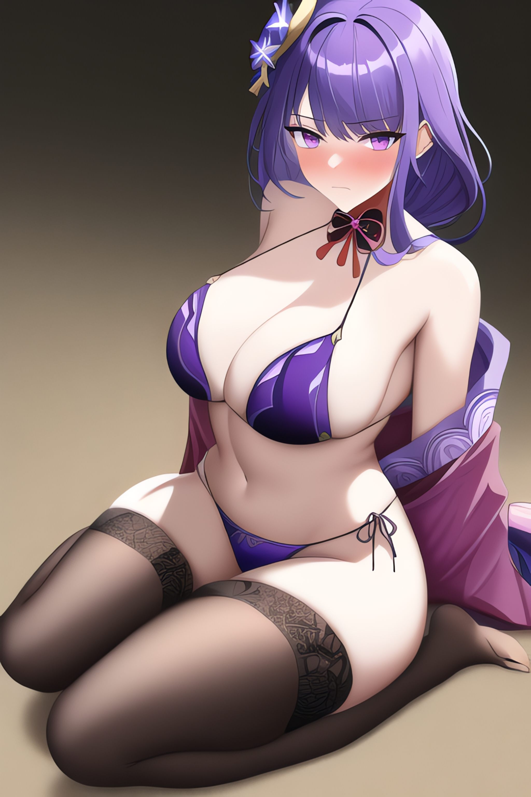 1girls, ai generated, bikini, breasts, cleavage, female, genshin impact, huge breasts, light skin, light-skinned female, long hair, looking at viewer, nai diffusion, purple bikini, purple eyes, purple hair, raiden shogun, smile, stable diffusion