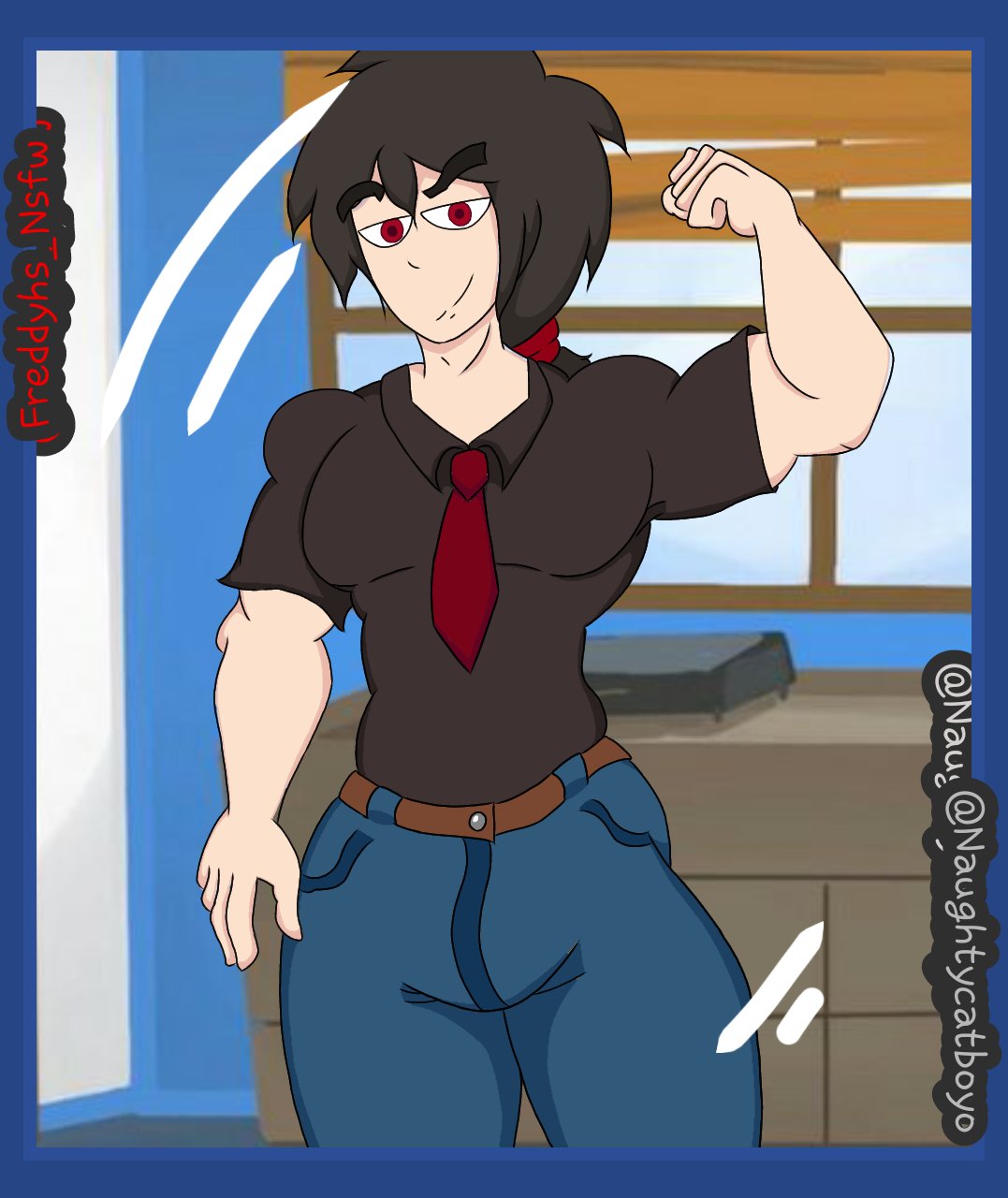 bad_anatomy bara big_penis black_hair fnafhs fnafhs_z3ro fnafhsrule34 fred_(fnafhs) freddyhsnsfw male muscles package penis penis_under_clothes toony