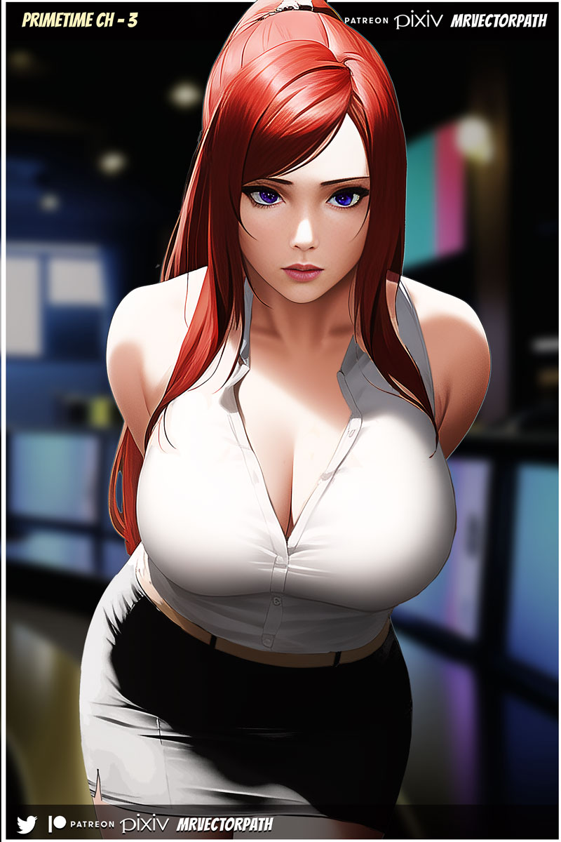 1girls, ai generated, arched back, arms behind back, bare arms, bare shoulders, bent over, big breasts, blue eyes, breast focus, breasts, busty, cleavage, clothed, clothing, female, female focus, female only, front view, fully clothed, inner sideboob, large breasts, light skin, light-skinned female, lips, lipstick, long hair, makeup, mature, mature female, milf, miniskirt, mrvectorpath, nai diffusion, naruto, naruto (series), naruto shippuden, office lady, pale skin, pale-skinned female, pencil skirt, pink lips, pink lipstick, pinup, ponytail, presenting breasts, red hair, redhead, secretary, shirt, shounen jump, skirt, solo, solo female, solo focus, stable diffusion, standing, tied hair, tight clothing, uzumaki kushina, very long hair, voluptuous, white shirt, wide hips