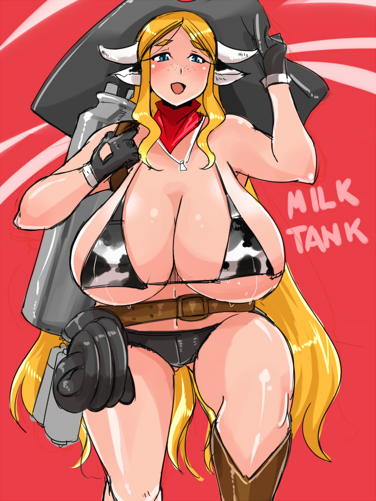 bikini_top blonde_hair booty_shorts cow_ears cow_girl cow_print cowboy_boots cowboy_hat cowgirl gigantic_breasts handwear horns milk_container necklace short_shorts simple_background thigh_gap yuuki_yuma