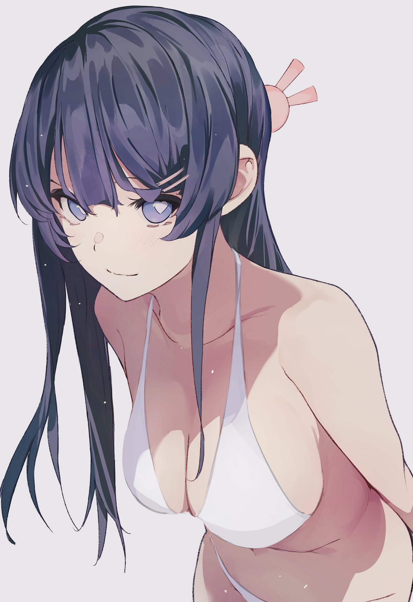 1girls, big breasts, black hair, breasts, chest, cleavage, female, heart-shaped pupils, looking at viewer, sakurajima mai, seishun buta yarou wa bunny girl senpai no yume wo minai, swimsuit