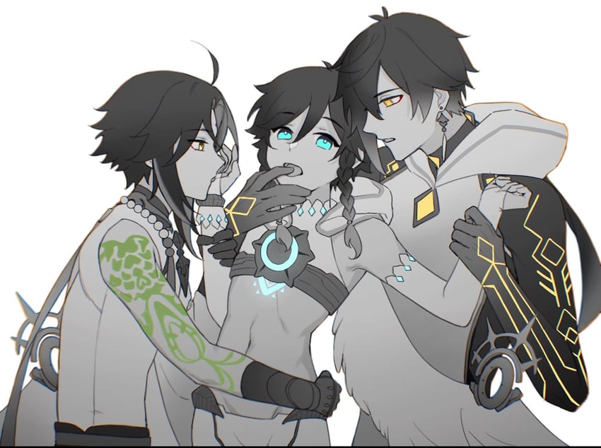3boys, aqua eyes, braided hair, genshin impact, long hair, male, scrlmiki, tongue, tongue out, venti (genshin impact), xiao (genshin impact), yaoi, yellow eyes, zhongli (genshin impact)