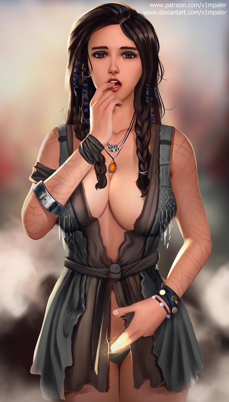 1girls armband armwear big_cleavage bracelets braided_hair breasts brown_hair cleavage finger_in_mouth finger_in_own_mouth freya_(god_of_war) glowing_finger god_of_war goddess large_breasts light-skinned_female long_hair looking_at_viewer necklace norse_mythology skimpy skimpy_clothes solo solo_female solo_focus tagme tattoo tattoo_on_arm tattooed_arm underwear v1mpaler vanir_(norse_mythology)