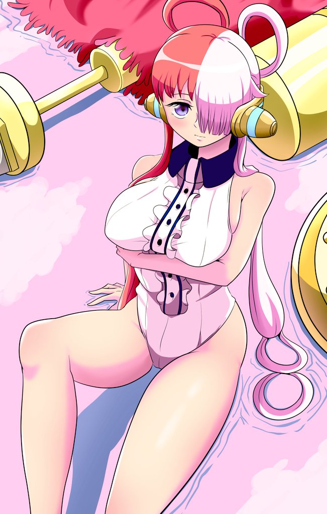 1girls, arm under breasts, big breasts, blush, breasts, female, female only, hair over one eye, hair rings, headgear, leotard, long hair, looking at viewer, one eye obstructed, one piece, one piece film red, red hair, red-haired female, sitting, solo, thick thighs, thighs, two-tone hair, uta (one piece), white hair, white-haired female