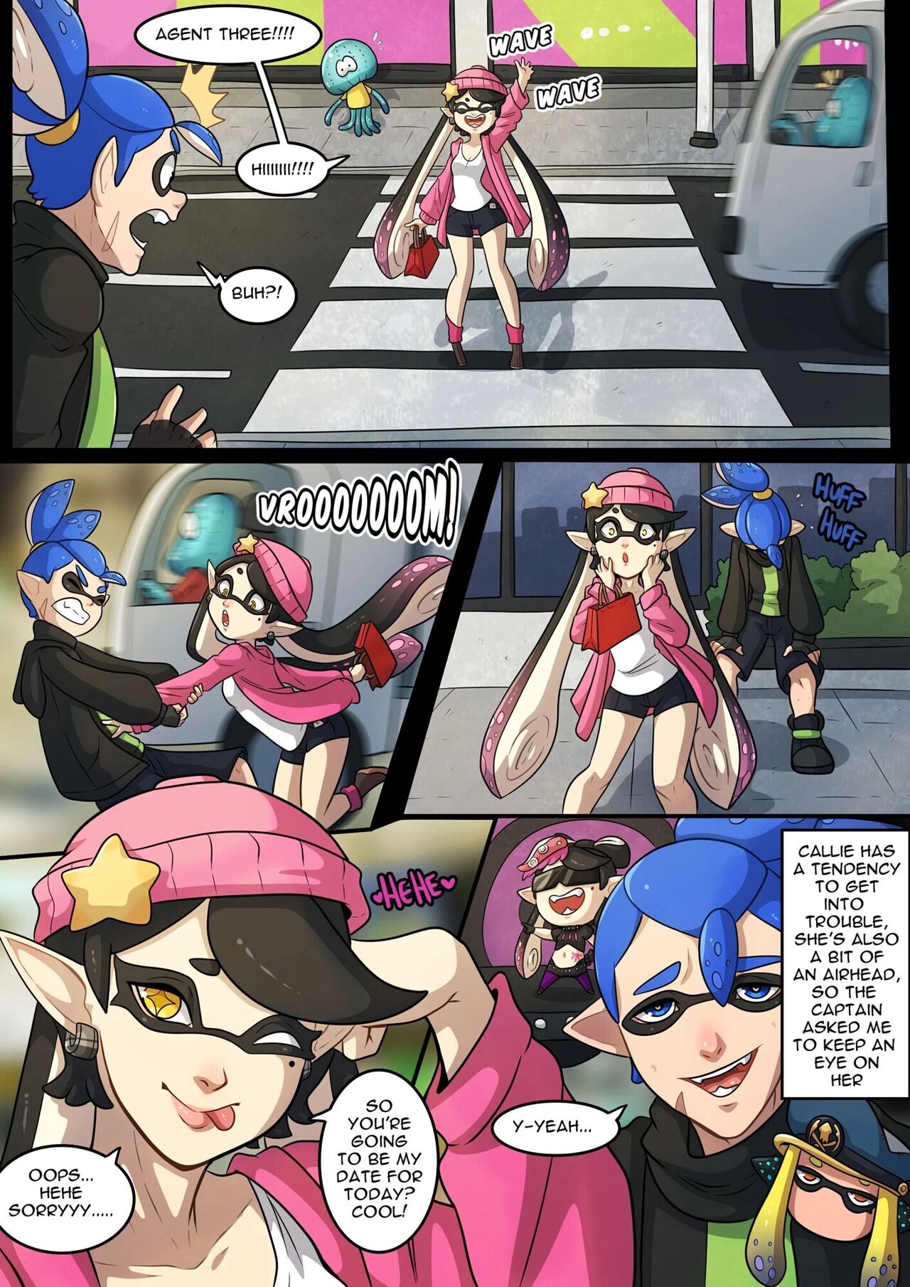 1boy 1girls agent_3_(splatoon) bag beanie beauty_mark blue_eyes blue_hair callie_(splatoon) comic hat inkling inkling_boy inkling_girl jacket jellyfish_(splatoon) kinkymation mole mole_under_eye nintendo peaked_cap scar scarf shirt shorts sleeveless_shirt smile splatoon splatoon_(series) star_(symbol) sunglasses tentacle_hair tinted_eyewear tongue tongue_out truck waving