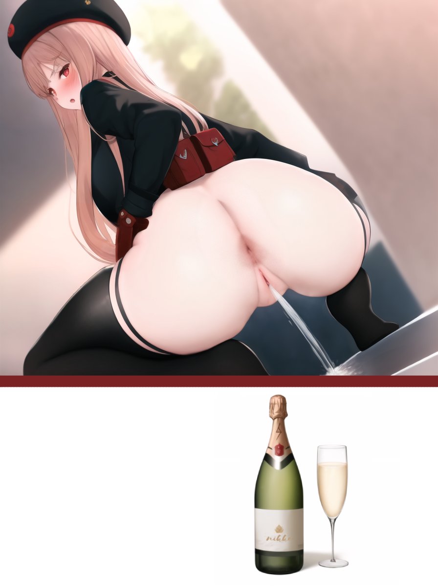 ai generated, annoyed, anus, ass, ass focus, beret, blush, embarrassed, female, goddess of victory: nikke, looking at viewer, looking back, nai diffusion, peeing, pussy, rapi (nikke), rear view, red eyes, solo, squatting, stable diffusion, stockings, strawberry blonde hair, wine