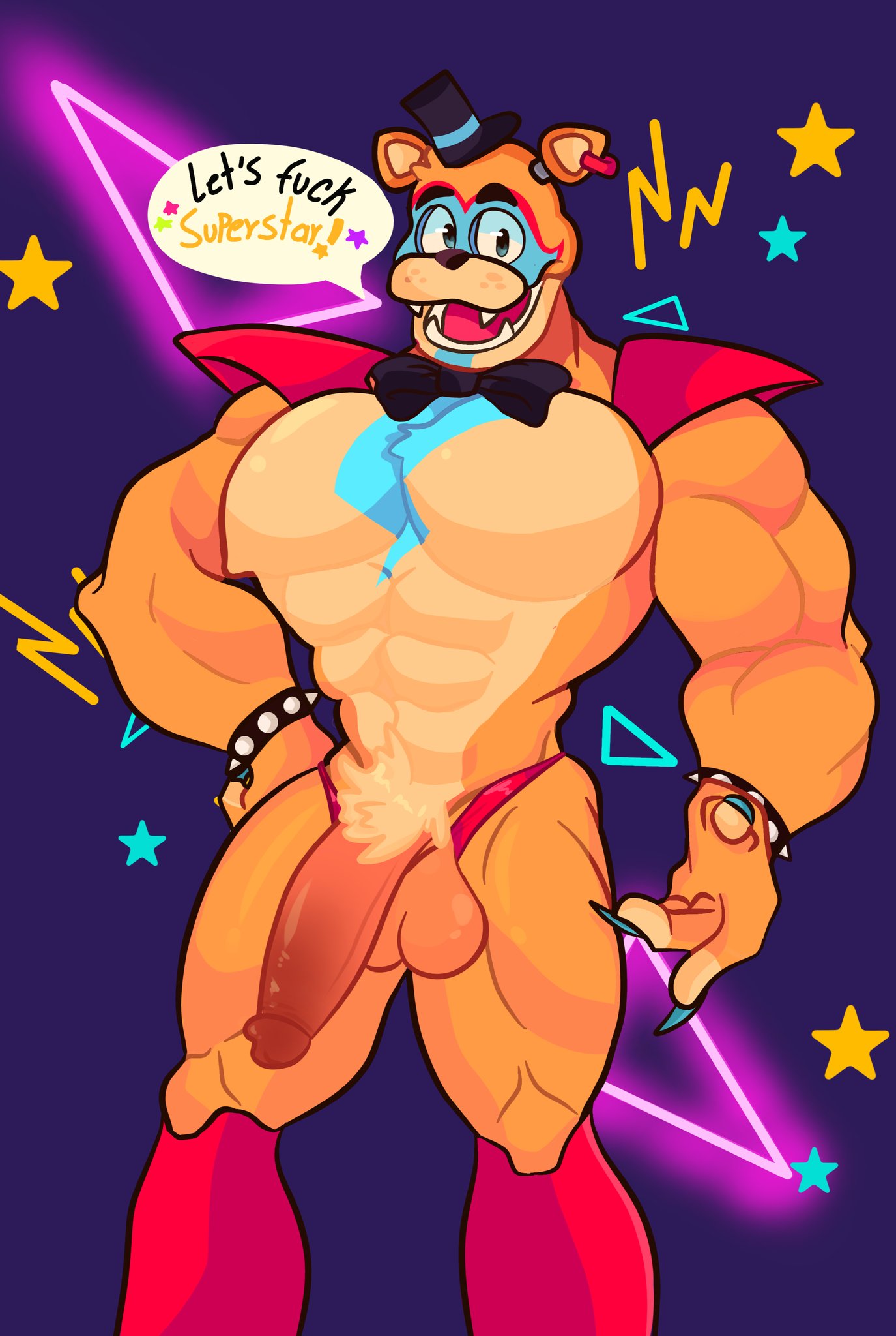 1boy, 2022, abs, balls, bara, bear, biceps, big balls, big cock, big penis, big testicles, blue claws, blue eyes, bodypaint, bow tie, bowtie, bracelet, claws, digital drawing, digital media (artwork), ear piercing, earrings, english, english text, facepaint, fangs, fantasmatty, finger claws, five nights at freddy's, five nights at freddy's: security breach, foreskin, furry, furry male, furry only, glamrock freddy (fnaf), glans, half-erect, headgear, headwear, huge balls, huge cock, humanoid genitalia, humanoid penis, looking at viewer, male, male focus, male only, muscles, muscular, muscular anthro, muscular arms, muscular legs, muscular male, no nipples, open mouth, open smile, orange body, orange fur, pecs, penile, penis, pierced ears, piercing, pov, retracted foreskin, scottgames, sharp teeth, shoulder pads, smile, solo, solo anthro, solo focus, solo male, spiked bracelet, steel wool studios, talking to viewer, teeth, testicles, text, text box, top hat, two-tone body, two-tone fur, uncircumcised, underwear, underwear aside, yaoi