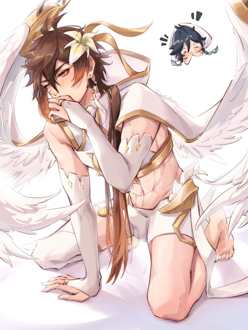 barbatos (genshin impact), brown hair, bulge, gay, genshin impact, god, gods, halo, jewelry, long hair, male, male focus, male only, venti (genshin impact), white gloves, wings, yaoi, zhongli (genshin impact)