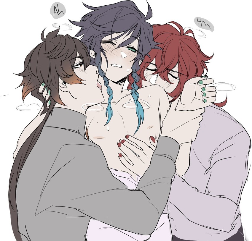 3boys, braided hair, brown hair, diluc (genshin impact), genshin impact, long hair, male, male only, painted nails, red hair, two-tone hair, venti (genshin impact), yaoi, zhongli (genshin impact)