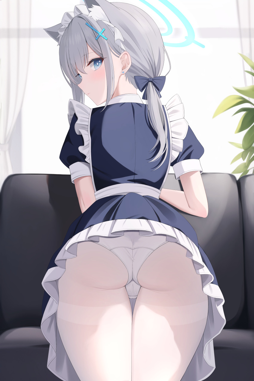 absurdres, alternate costume, animal ear fluff, animal ears, apron, bangs, blue archive, blue eyes, bow, cross hair ornament, enmaided, frilled skirt, frills, from behind, grey hair, hair ornament, hairbow, halo, highres, hiyayo25, looking at viewer, low ponytail, maid, medium hair, multi ear, panties, pantyhose, pantyshot, shiroko (blue archive), skirt, underwear, white panties, white pantyhose, wolf ears