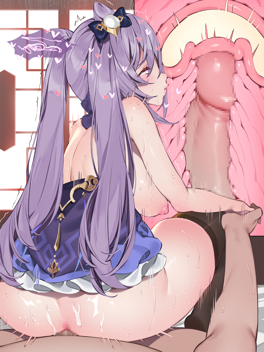 1boy ahe_gao ass black_thighhighs breasts censored cone_hair_bun cross_section cum cum_in_pussy cum_in_uterus cum_inside cum_on_body double_bun female from_behind genshin_impact hair_bun hair_ornament heart highres internal internal_cumshot keqing_(genshin_impact) large_breasts long_hair mosaic_censoring motion_lines nipples penis pink_eyes purple_hair reverse_amazon_position sex solo_focus sweat thighhighs twintails waterring x-ray