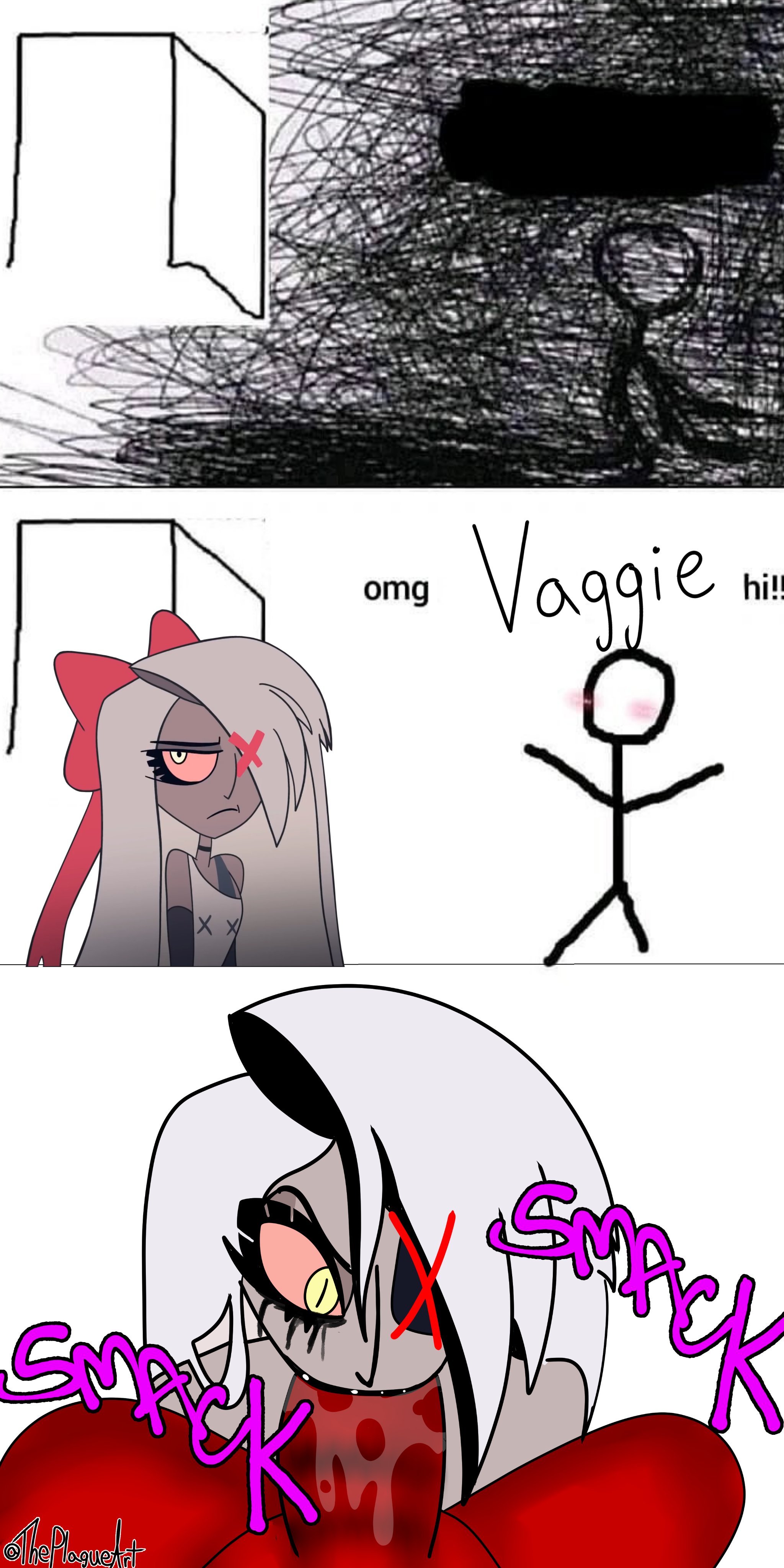 :>=, 1boy, 1girls, 2d, 3 panel comic, big penis, black choker, black lips, black lipstick, blowjob, blowjob face, blush, blushing, comic, demon, demon girl, dialogue, english text, eyepatch, faceless male, fellatio, female, grey skin, grey-skinned female, hair over one eye, hairbow, hazbin hotel, huge cock, long hair, male, male/female, meme, old design, omg hi!, onomatopoeia, oral, oral sex, penis, pink bow, pink sclera, red skin, red-skinned male, running mascara, runny makeup, saliva, saliva on penis, saliva trail, sex, straight, text, theplagueart, vaggie (hazbin hotel), vivienne medrano, vivziepop, white hair, yellow eyes