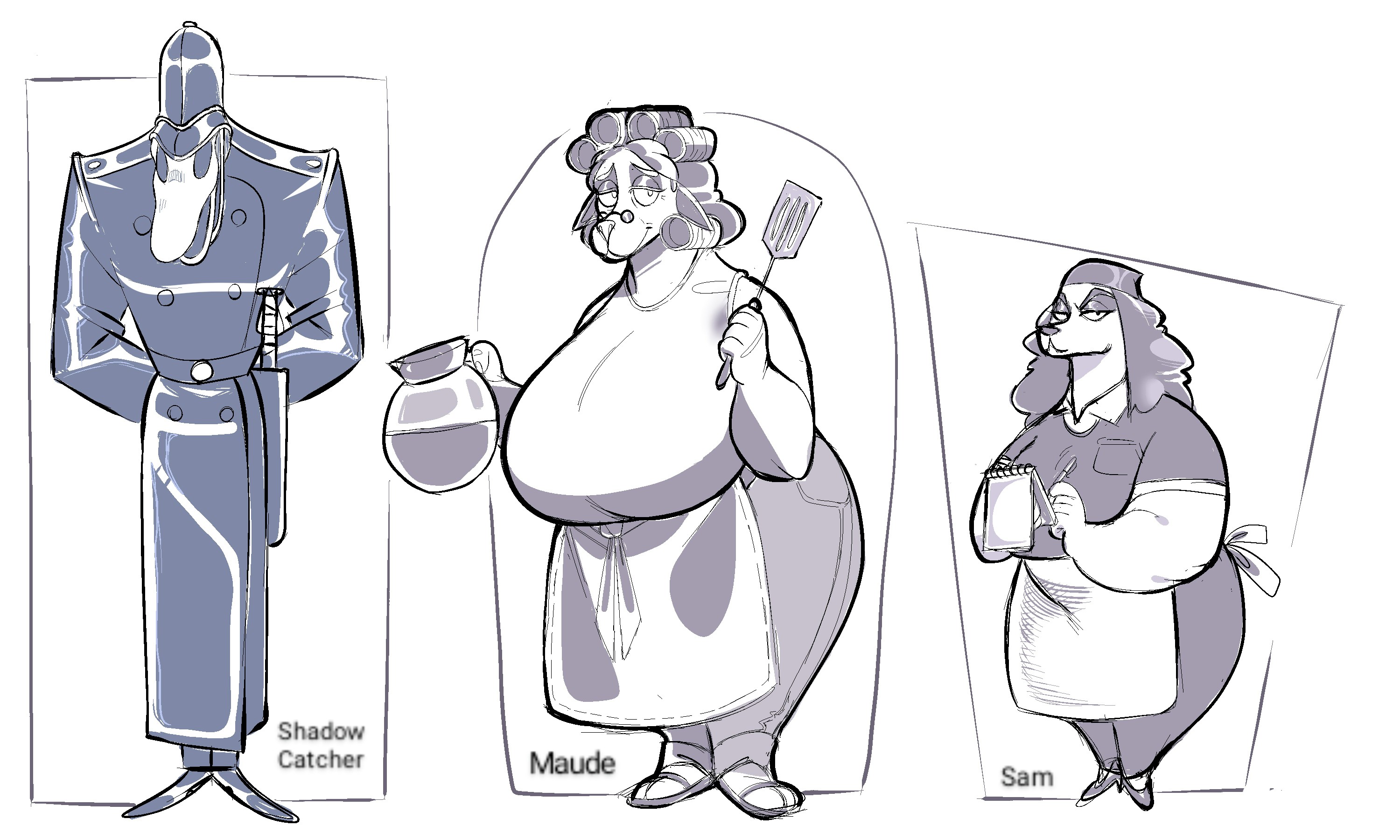 apron, baton, beware the shadowcatcher, breasts, canine, coffee, dog, dog ears, dog girl, dog humanoid, domestic dog, domestic goat, domestic sheep, female, gilf, goat, goat ears, goat girl, goat humanoid, large breasts, male, maude (bts), notebook, sam (bts), shadowcatcher, sheep, sheep ears, sheep girl, sheep humanoid, sheepgirl, spatula, trenchcoat, zed technician games