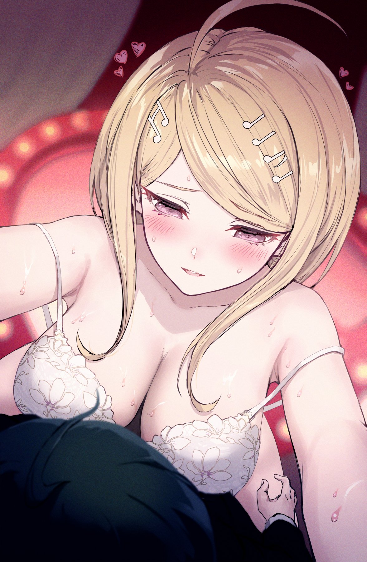 akamatsu_kaede bed blonde_hair blush bra bra_strap breasts cleavage danganronpa danganronpa_v3 haoni lace large_breasts looking_at_partner looking_down medium_breasts pale-skinned_male pale_skinned_female saihara_shuuichi straight_hair sweat thigh_grab thighs white_lingerie