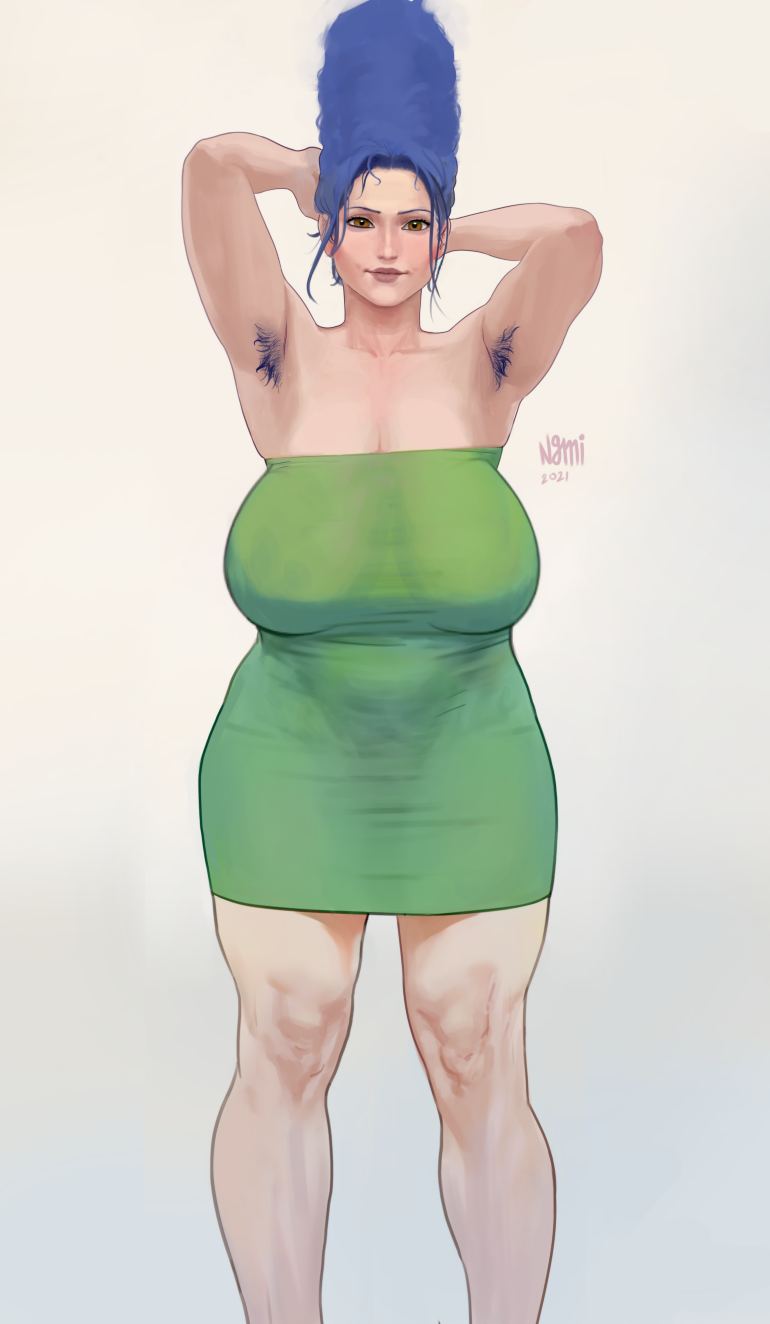 1girls armpit_hair blue_hair curvy curvy_figure edit female_armpit_hair green_clothing green_dress hairy_armpits hazel_eyes huge_breasts large_breasts marge_simpson milf ngmi sagging_breasts tall_female the_simpsons thick_thighs yellow_body yellow_skin