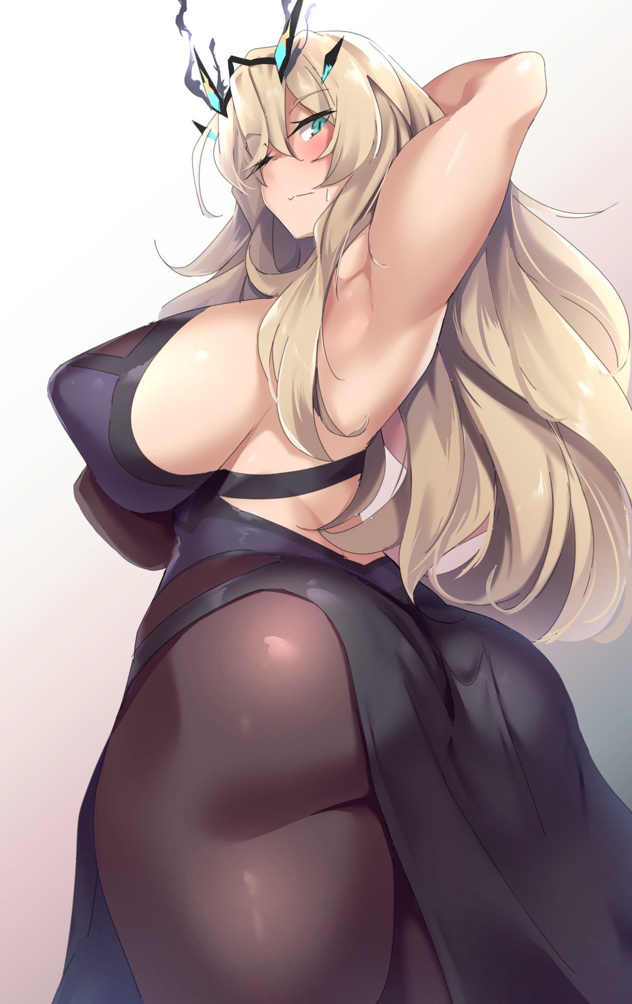 1girls 2022 alternate_breast_size big_ass big_breasts blonde_hair clothed_female erect_nipples high_resolution kuronyan long_hair looking_at_viewer looking_back milf nipple_bulge original original_character tagme