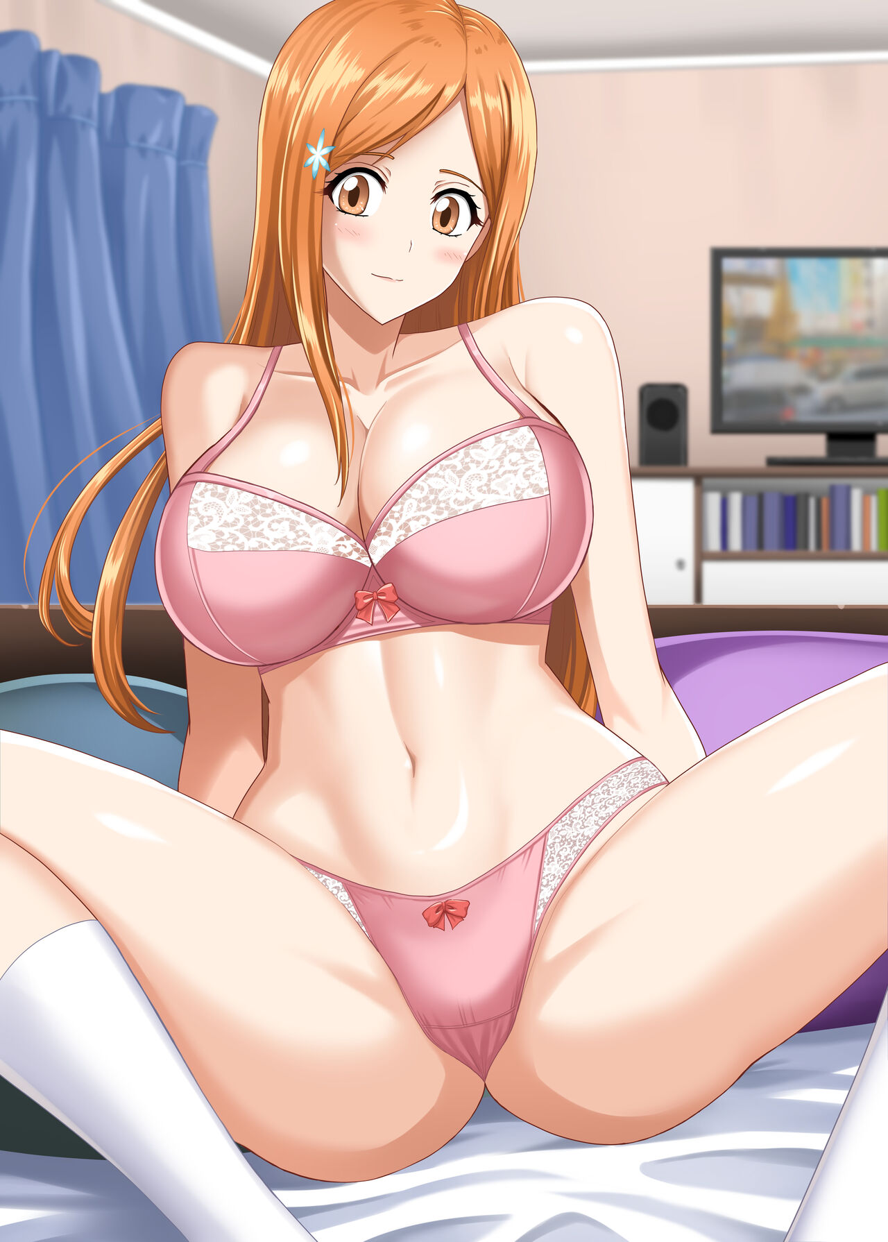1girls, big breasts, bleach, breasts, exposed breasts, female, hair ornament, hellandheaven, highres, hourglass figure, inoue orihime, large breasts, long hair, looking up, midriff, on bed, orange hair, panties aside, pink eyes, solo