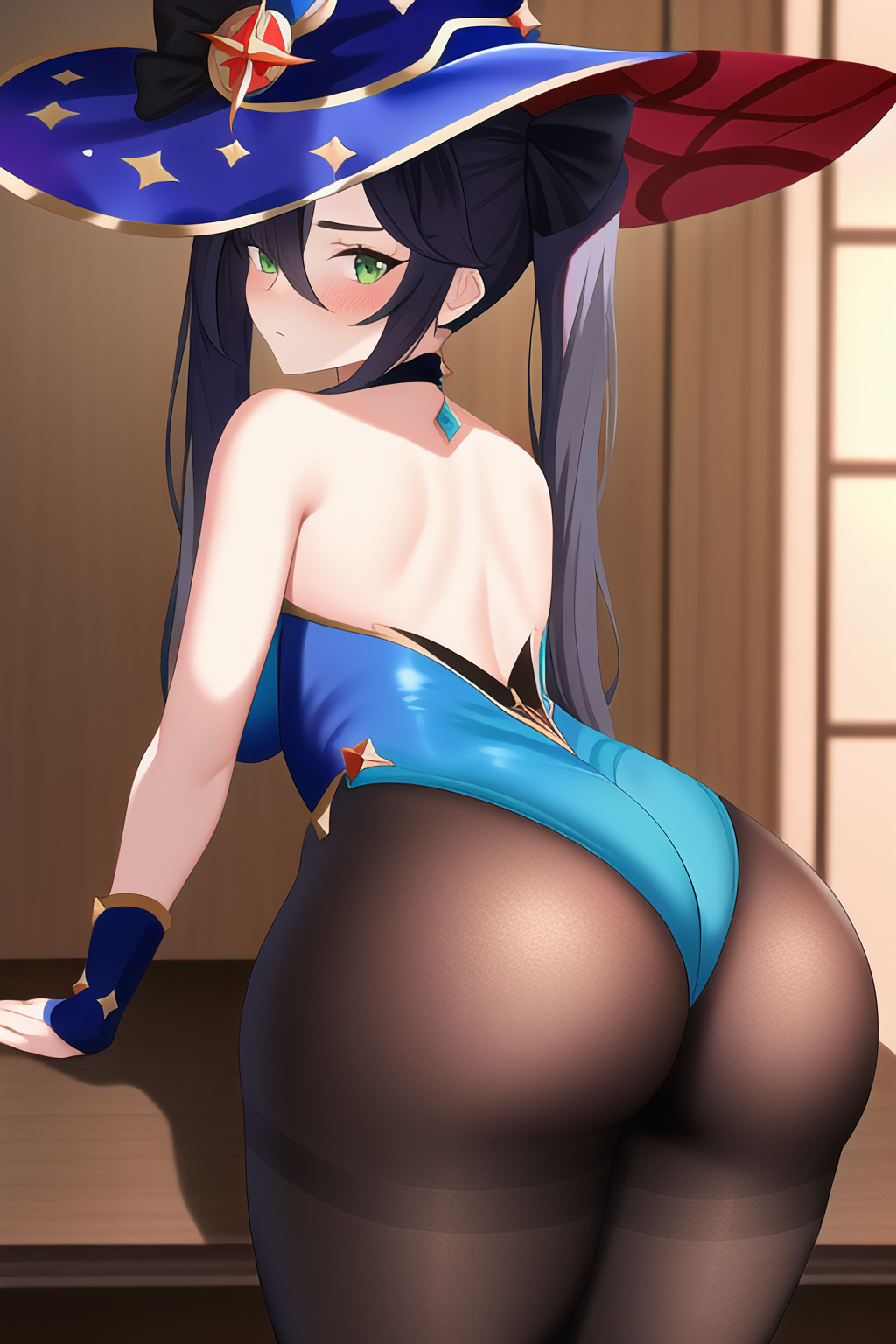 ai generated, ass, ass focus, bare shoulders, black hair, breasts, cameltoe, female, from behind, genshin impact, green eyes, hair ribbon, hat, huge ass, leotard, long hair, looking at viewer, looking back, medium breasts, mona (genshin impact), nai diffusion, pantyhose, pussy, shiny, shiny clothes, shiny hair, shiny skin, sideboob, solo, stable diffusion, thick thighs, twintails, very long hair