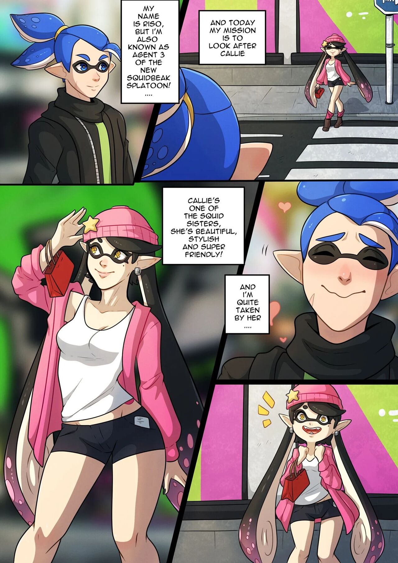 1boy, 1girls, agent 3 (splatoon), beanie, beauty mark, bike shorts, blue eyes, blue hair, callie (agent 1 casual), callie (splatoon), closed eyes, comic, female, hat, heart, inkling, inkling boy, inkling girl, jacket, kinkymation, male, male new agent 3 (splatoon), mole, mole under eye, new agent 3 (splatoon), nintendo, notice lines, octarian tattoo, open clothes, pointy ears, scarf, sleeveless, sleeveless shirt, smile, splatoon, splatoon (series), squid sisters, star (symbol), stop sign, tentacle hair, walking, wavy mouth, yellow eyes