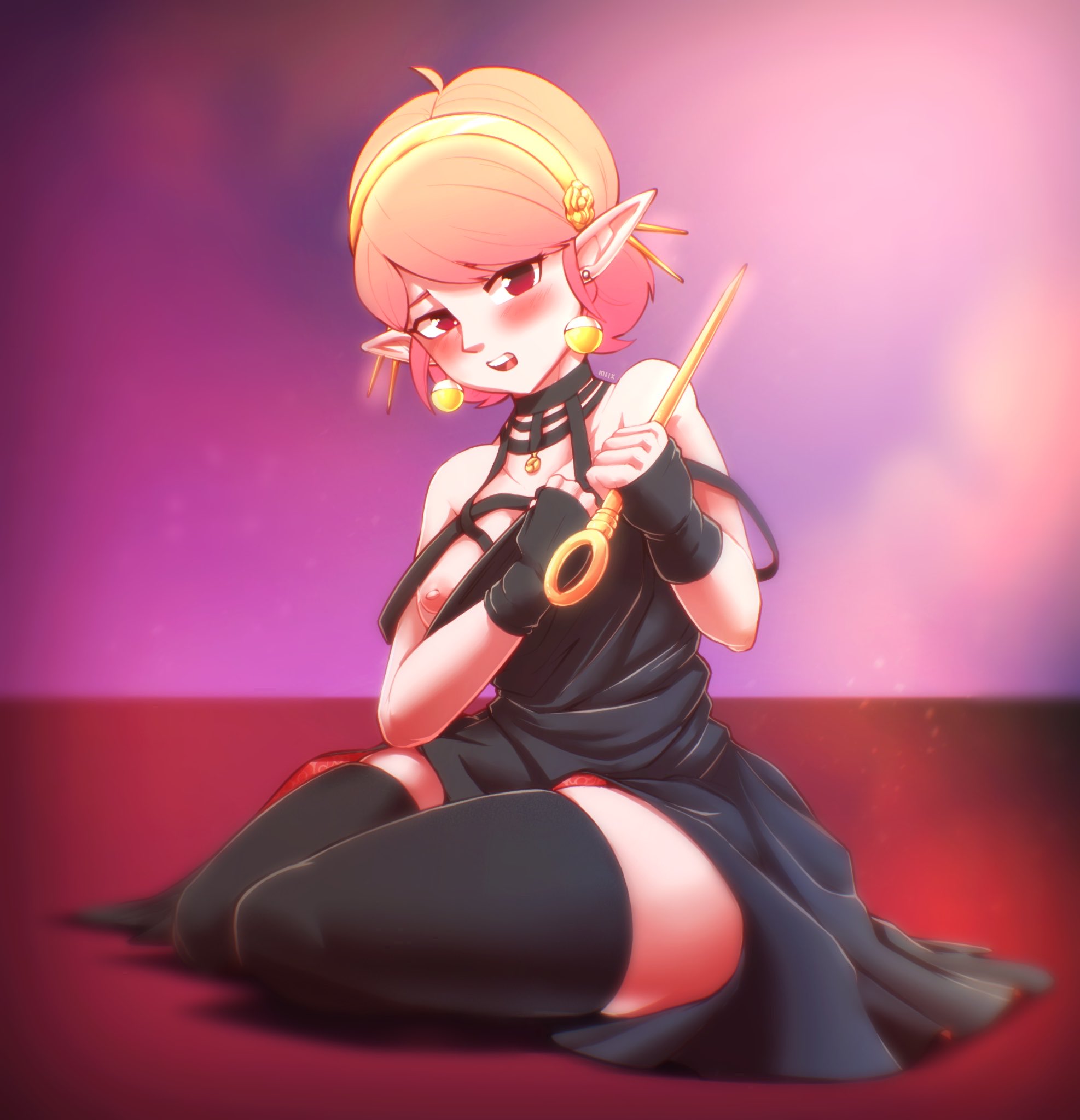 1girls, chronoa, clothing, core person, cosplay, dragon ball, dragon ball heroes, earrings, female, female only, fingerless gloves, humanoid, kaioshin, kaioshin of time, mrmlix, pink hair, pink skin, pointy ears, red eyes, short hair, spy x family, stiletto (weapon), supreme kai, supreme kai of time, thick thighs, thighhighs, thorn princess (cosplay), weapon, yor briar (cosplay)