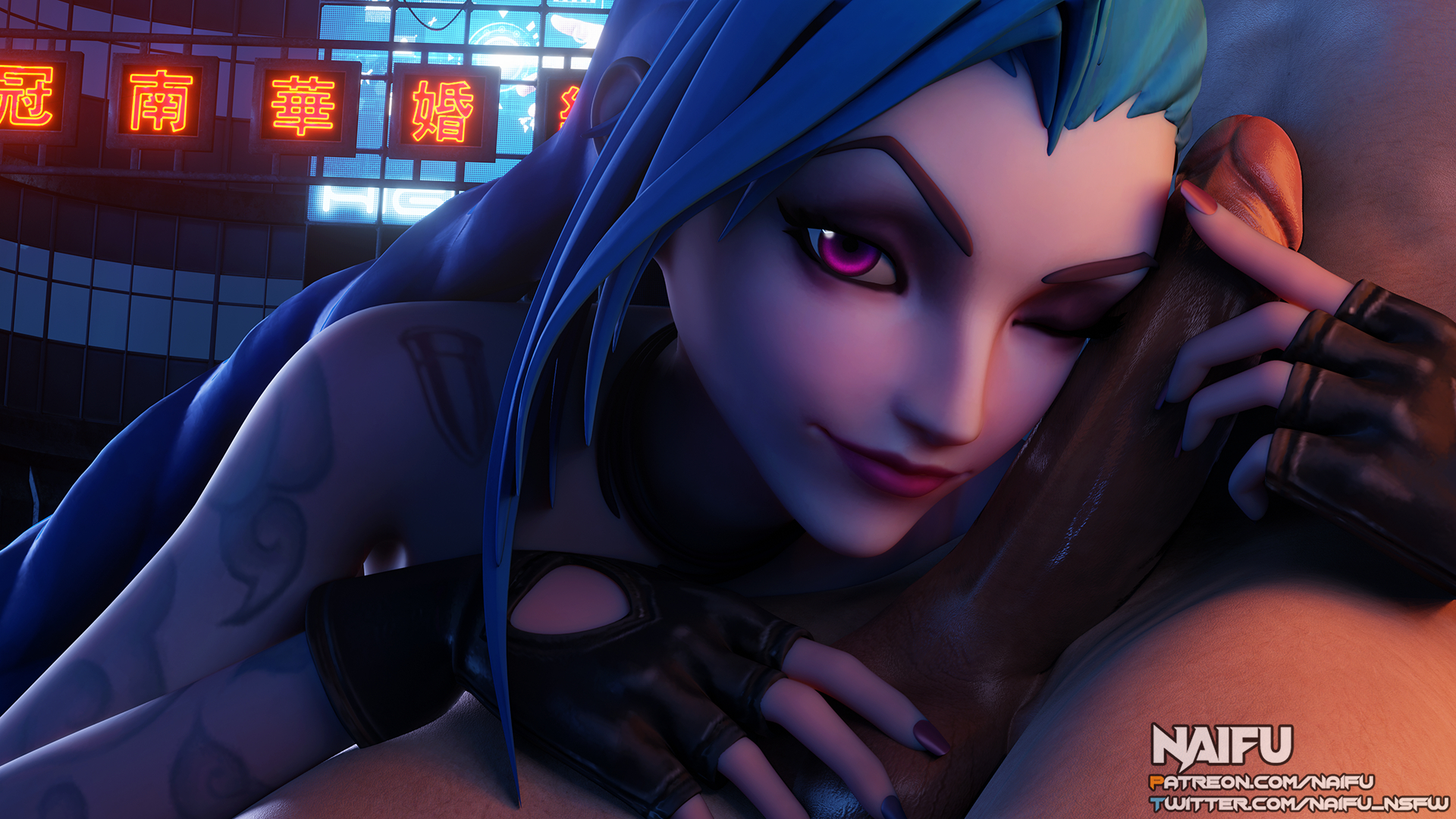 1boy, 1girls, 3d, balls, balls fondling, black gloves, female, fingerless gloves, gloves, jinx (league of legends), league of legends, looking at viewer, male, naifu, partial male, penis, penis on face, smile, straight, wink