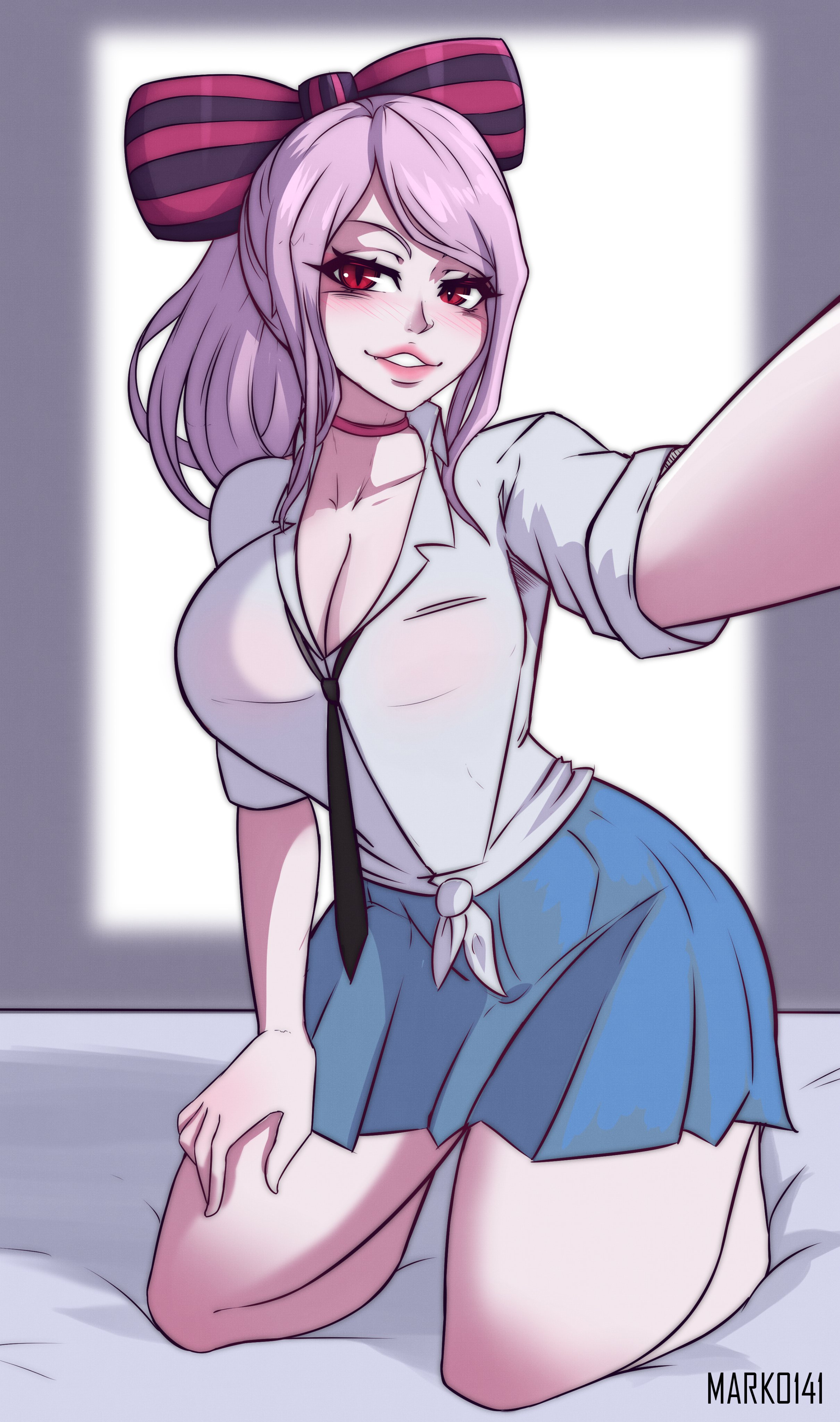 1girls, alternate breast size, artist name, breasts, choker, cosplay, female, hairbow, kneeling on bed, large bow, light skin, light-skinned female, marko141, miniskirt, necktie, overlord (maruyama), pale skin, pale-skinned female, pink hair, pleated skirt, red eyes, school uniform, schoolgirl, seductive smile, selfie, shalltear bloodfallen, solo female, tied shirt, vampire
