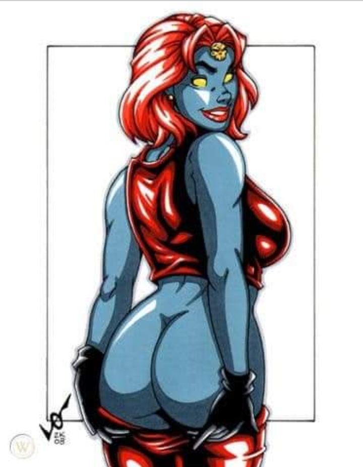 1girls ass ass_focus big_ass blue_skin cheeks dat_ass fat_ass female female_only garrett_blair lipstick marvel marvel_comics milf mutant mystique raven_darkholme red_hair smile solo villainess x-men