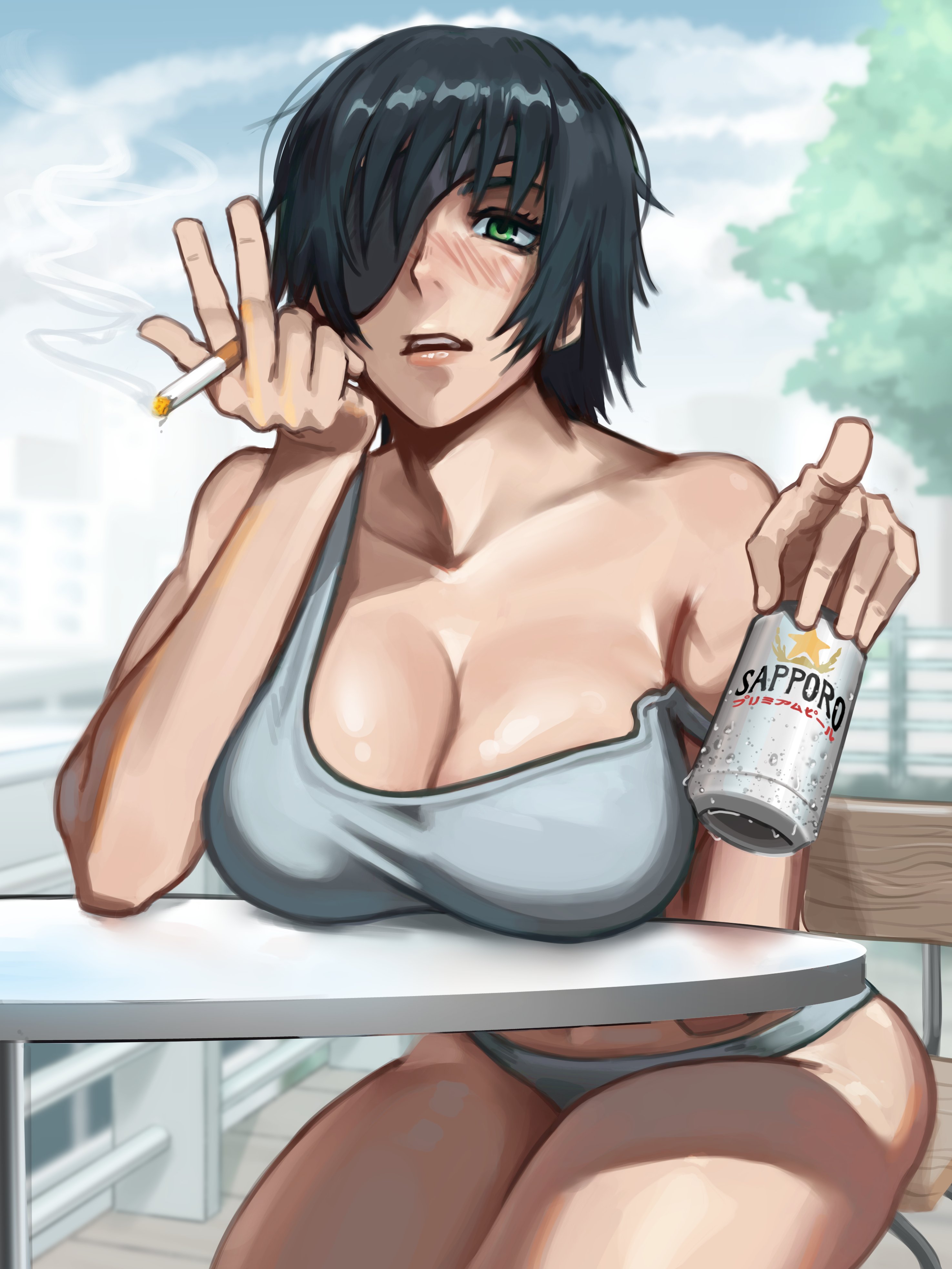 1girls, 2022, 2d, 2d (artwork), balcony, beer, beer can, beer mug, big breasts, black hair, blush, blushing, breasts, busty, can, chainsaw man, cigarette, cigarette smoke, cleavage, curves, curvy, dark hair, drunk, eye patch, female, female only, green eyes, himeno (chainsaw man), hkart, holding cigarette, huge breasts, human, human only, large breasts, offering drink, older female, outdoors, questionable, realistic breast size, scene interpretation, short hair, shounen jump, skimpy, skimpy clothes, smoke, smoking, solo, solo female, thick, thick thighs, thighs, tomboy, young woman