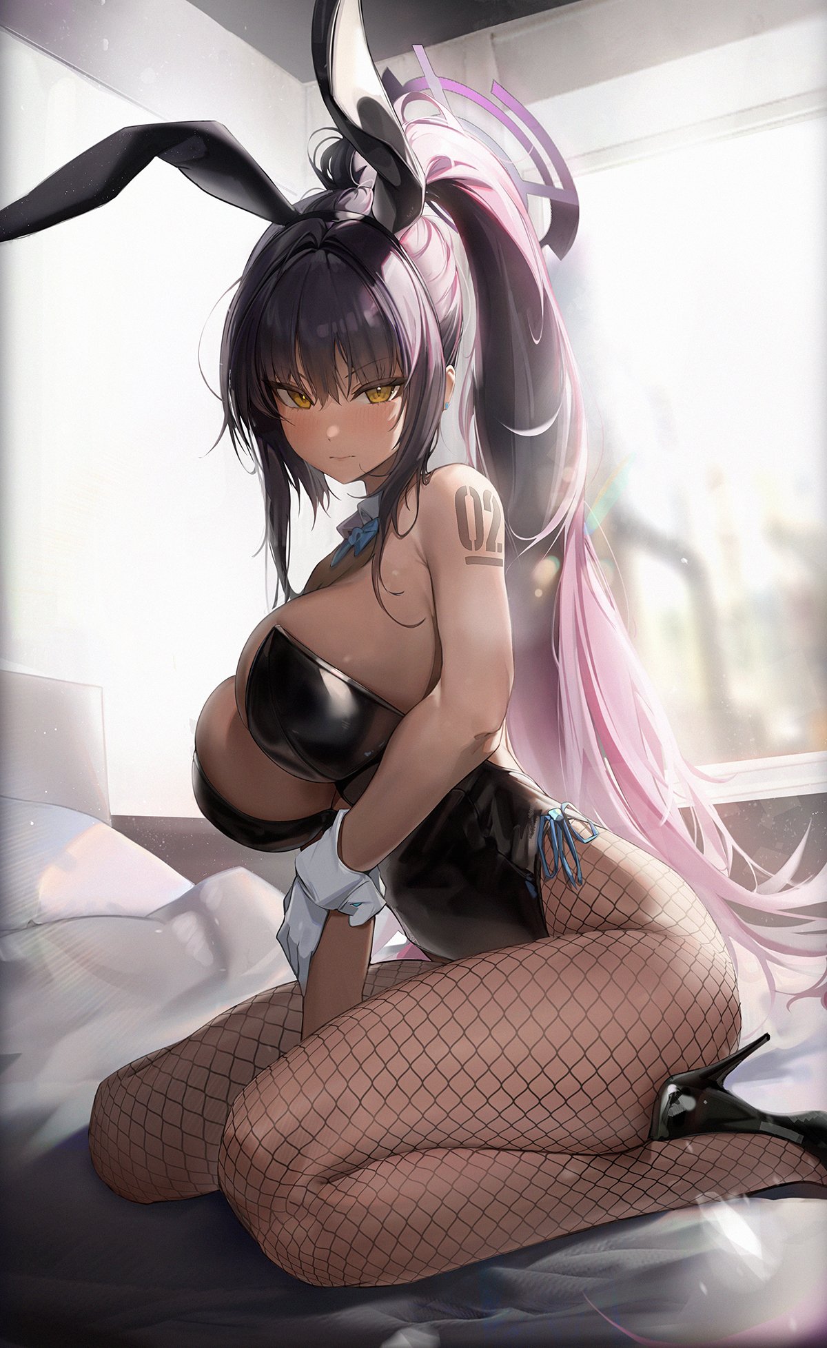 1girls, black hair, black leotard, blue archive, blush, breasts, brown skin, cleavage, dark flame master, dark skin, dark-skinned female, embarrassed, female, fishnets, halo, heels, hi res, highleg leotard, hips, huge breasts, indoors, karin (blue archive), karin (bunny) (blue archive), kneeling, leotard, long hair, long ponytail, looking at viewer, ponytail, purple hair, slim waist, thick thighs, thighs, two-tone hair, wide hips, yellow eyes