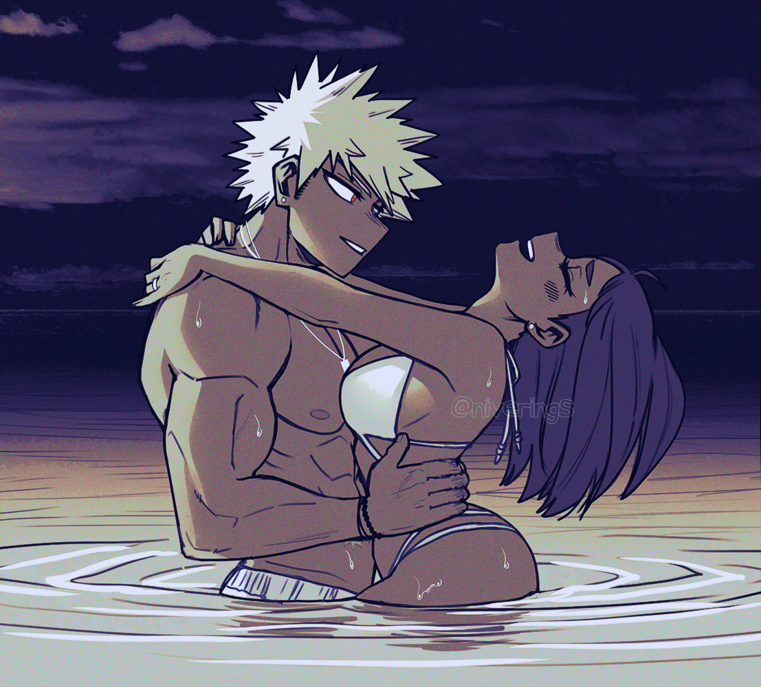 1boy, 1girls, abs, bathing together, bikini, blonde hair, blonde-haired male, blush, breasts, brown hair, brown-haired female, closed eyes, curvy female, female, katsuki bakugou, male, married, married couple, mixed bathing, muscular, muscular male, my hero academia, nipples, niverins, ochako uraraka, red eyes, ring, romantic, romantic couple, romantic sex, spiky hair, straight, swimming trunks, topless, water, wedding ring
