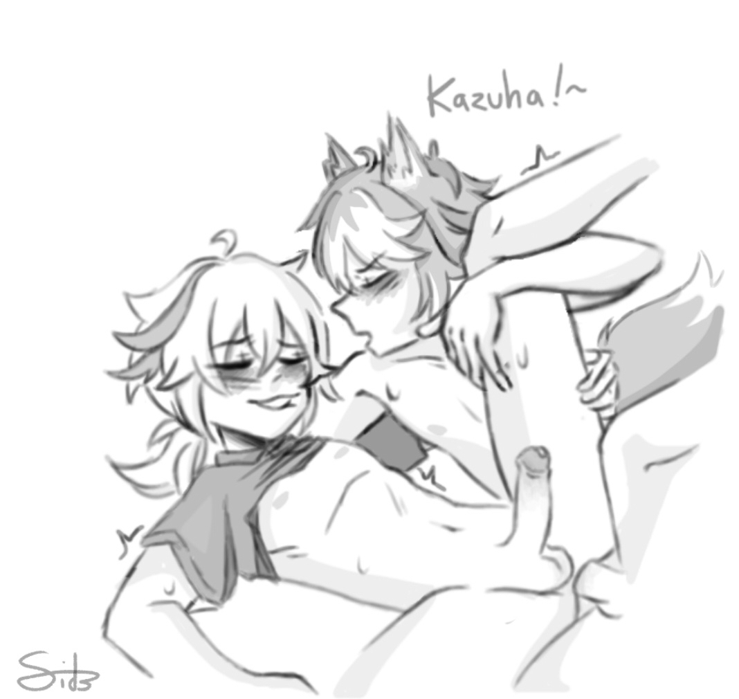2022, 2boys, anal, anal sex, bangs, biting lip, biting own lip, blush, canine, chest, clothes, clothing, clothing lift, dick, ears up, erect penis, erect while penetrated, gay, gay domination, gay sex, genshin impact, gorou (genshin impact), kaedehara kazuha, male, male on male, male only, male penetrated, male penetrating, male/male, open legs, penetration, penis, sweat, sweatdrop, tail, yaoi