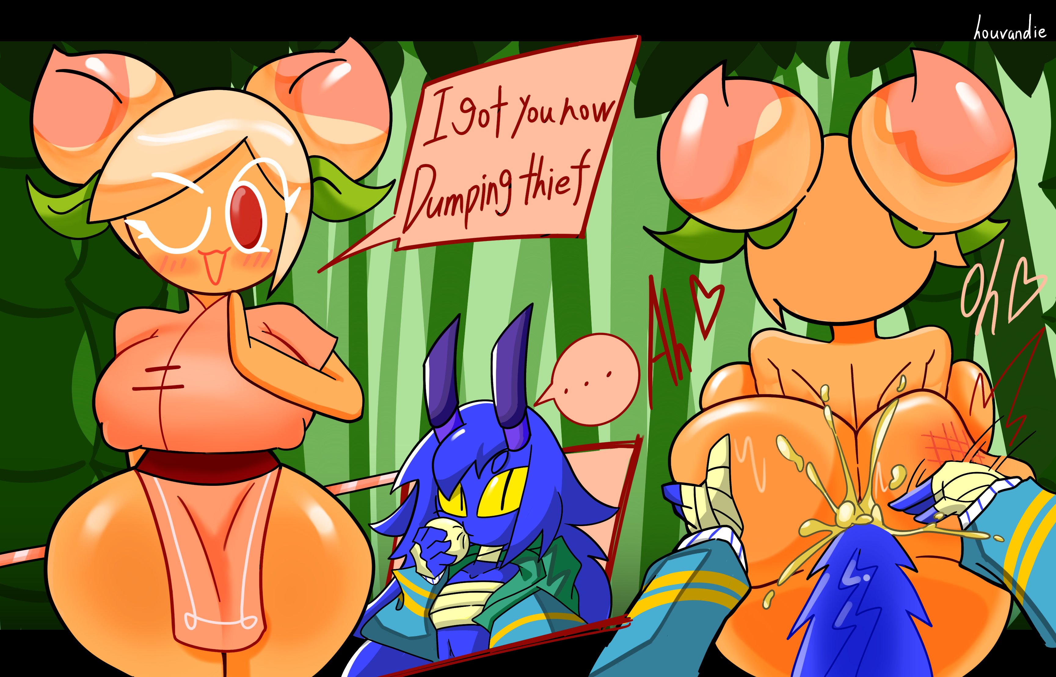 1boy, 1girls, ass, blue skin, cookie run, cum, female, from behind, hard nipples, heart, houvandie, huge ass, instant loss 2koma, male, nipples visible through clothing, no pants, original character, peach cookie, penis, pink hair, pov, sex, slap, slap mark, thick thighs, unusual anatomy, unusual genitalia, unusual penis