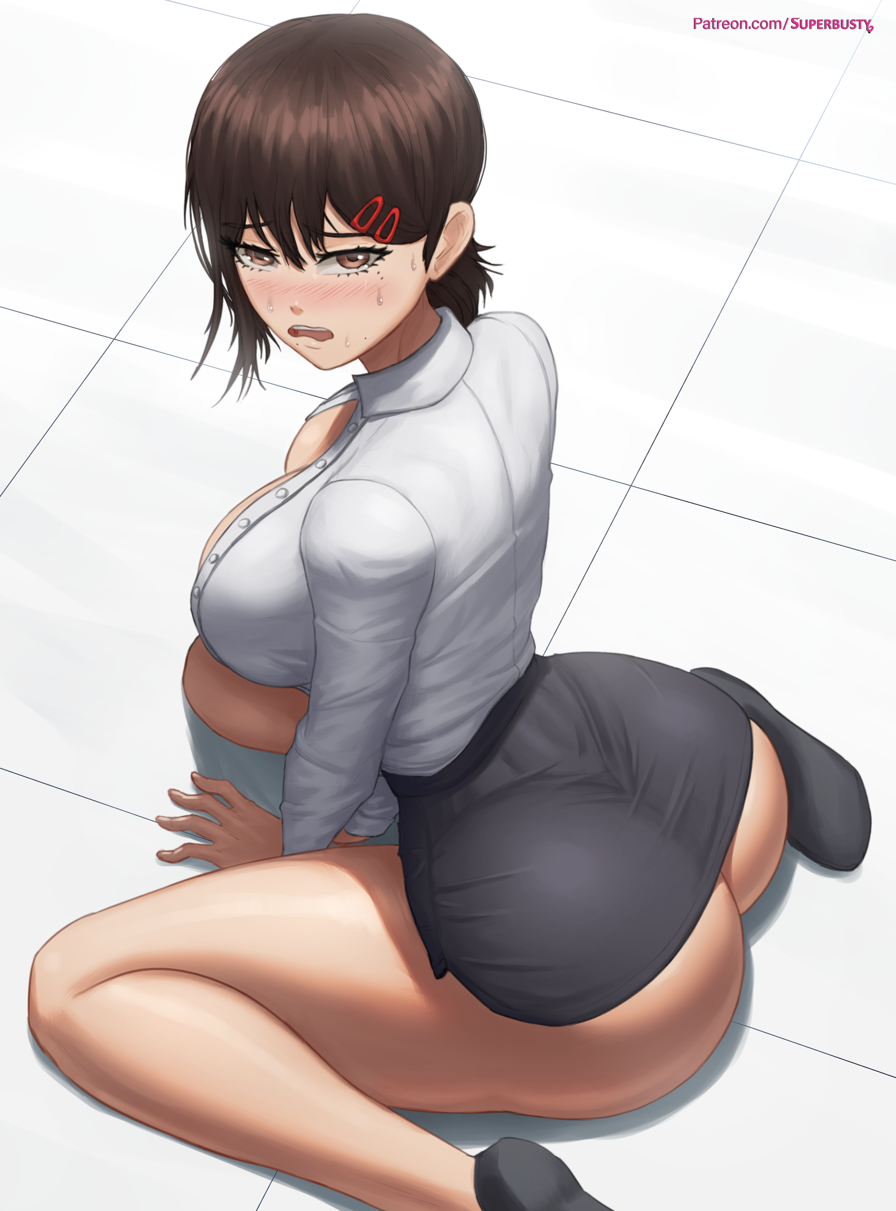 1girls, alternate breast size, ass, ass hanging out, ass hanging out of skirt, back, back view, black hair, blush, breasts, bubble ass, bubble butt, chainsaw man, clothed, clothed female, embarrassed, female, flustered, hi res, higashiyama kobeni, huge ass, kneeling, large breasts, light skin, light-skinned female, office lady, patreon username, short hair, short skirt, simple background, skirt, superbusty, thick thighs, thighs, wariza