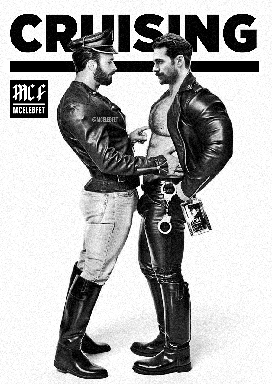 actor big_bulge black_and_white bulge celebrity chris_evans cruising hairy_chest handcuffs henry_cavill huge_bulge leather leather_clothing leather_fetish looking_at_each_other male male_only mcelebfet muscles muscular muscular_male open_jacket real_person uncolored