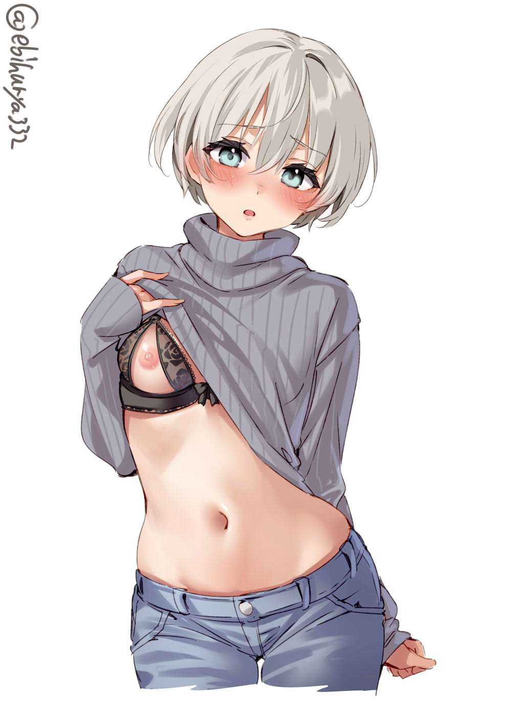 alternate_costume aqua_eyes black_bra blush bra breasts clothes_lift cowboy_shot denim ebifurya female grey_hair highres jeans kantai_collection lifted_by_self looking_at_viewer navel nipples open_mouth pants short_hair stomach sweater sweater_lift turtleneck turtleneck_sweater twitter_username underwear white_background z1_leberecht_maass_(kantai_collection)