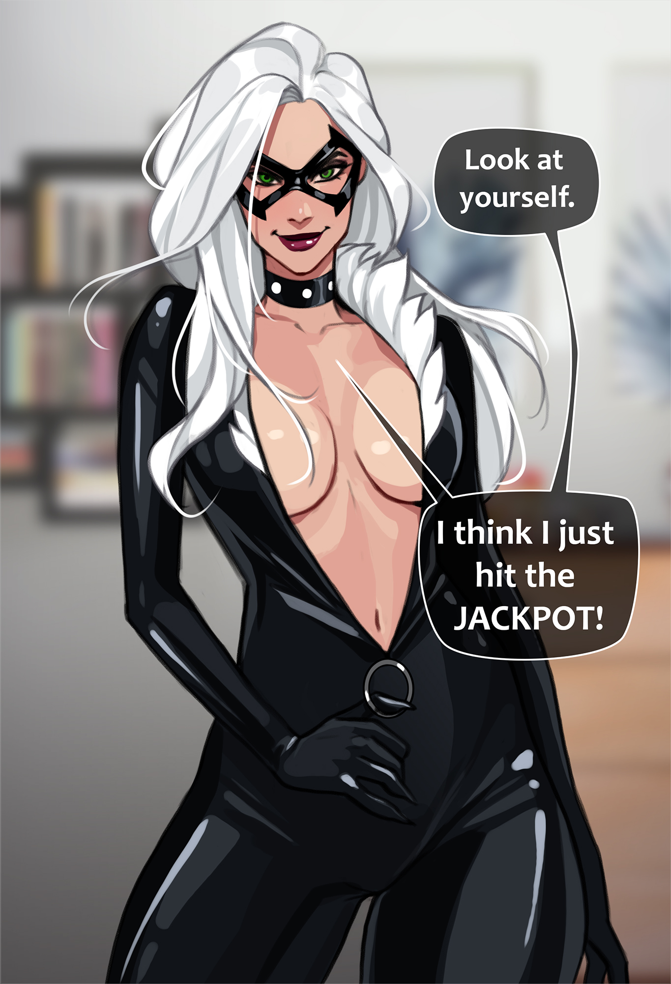 1girls, anti-heroine, antiheroine, athletic, athletic female, big breasts, black cat (marvel), breasts, busty, digital media (artwork), domino mask, eyebrows, eyelashes, eyes, felicia hardy, female, fit, fit female, hair, hourglass figure, jumpsuit, large breasts, legs, light skin, light-skinned female, lips, long hair, marvel, marvel comics, mask, masked, masked female, minko, olena minko, spider-man (series), superhero, superheroine, thick, thick legs, thick thighs, thief, thighs, undressing, villain, villainess, voluptuous, waist, white hair, wide hips