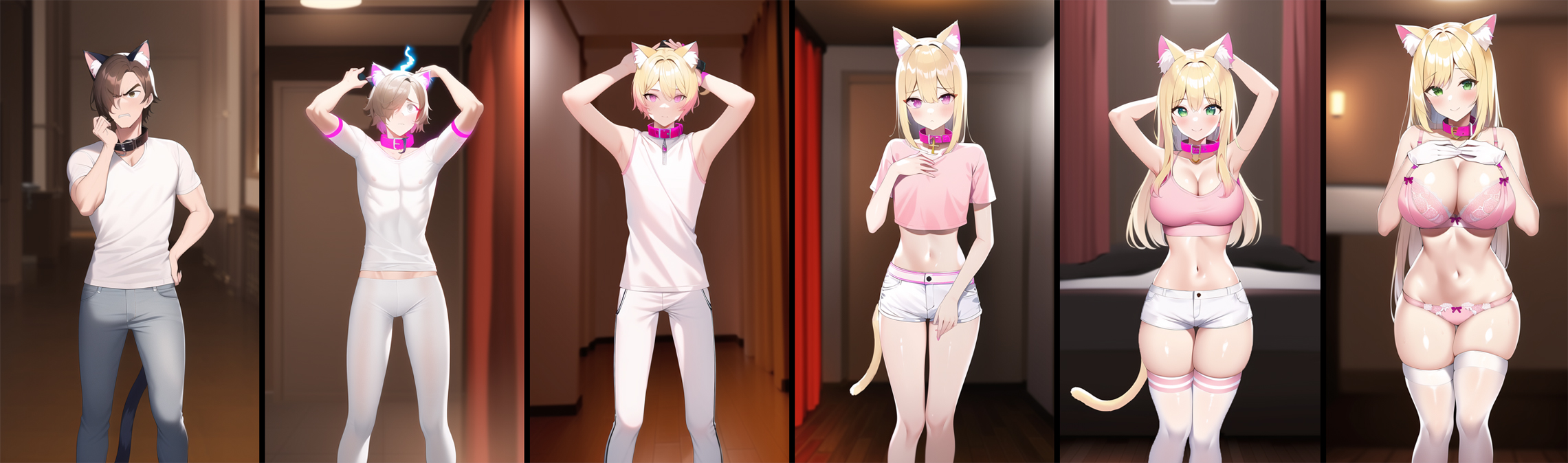 ai generated, ass expansion, before and after, blonde hair, breast expansion, breast growth, breast growth (enlargement), breasts, cat ears, cat girl, catgirl, collar, corruption, crop top, female, gender transformation, genderswap, genderswap (mtf), glowing eyes, hair growth, identity death, lingerie, midriff, mind control, mm tfs, nai diffusion, navel, rule 63, sequence, shorts, stable diffusion, transformation, transformation sequence, wide hips