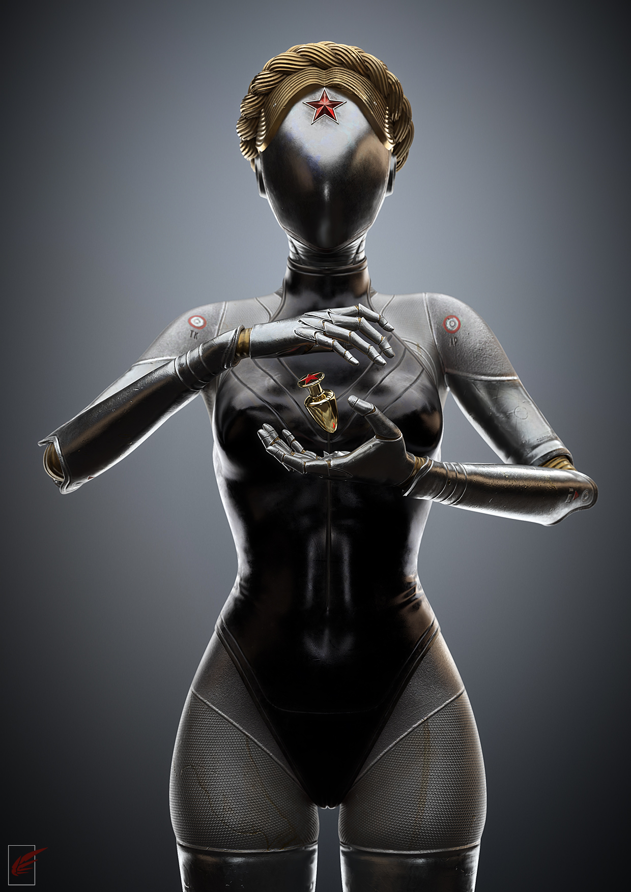 1girls, 3d, alternate version available, anal plug, android, atomic heart, blender, buttplug, curvy, curvy body, curvy female, curvy figure, female, female focus, female only, highres, looking at viewer, pose, posing, right (atomic heart), robot, robot girl, robot humanoid, sex toy, simple background, solo, solo focus, standing, the twins (atomic heart), thick thighs, vgerotica, watermark