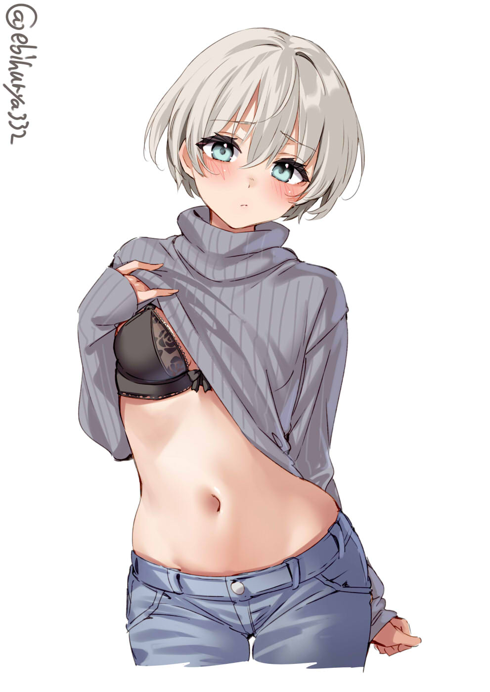 alternate_costume aqua_eyes black_bra blush bra breasts clothes_lift cowboy_shot denim ebifurya female grey_hair highres jeans kantai_collection lifted_by_self navel pants short_hair stomach sweater sweater_lift turtleneck turtleneck_sweater twitter_username underwear white_background z1_leberecht_maass_(kantai_collection)