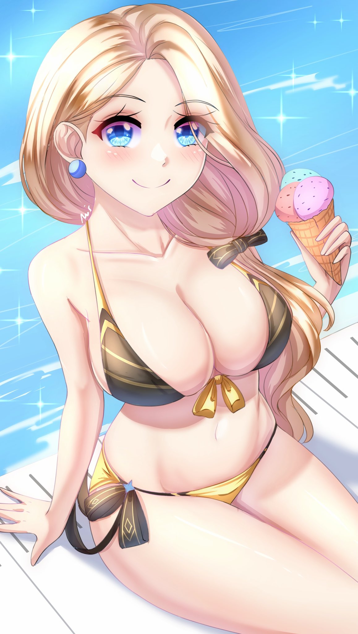 1girls, alternate costume, anisdrawn, bikini, black bikini, black swimsuit, breasts, brown bikini, brown swimsuit, cleavage, female, female only, fire emblem, fire emblem: three houses, hair over shoulder, large breasts, looking at viewer, mercedes von martritz, nintendo, side ponytail, solo, swimsuit, yellow bikini