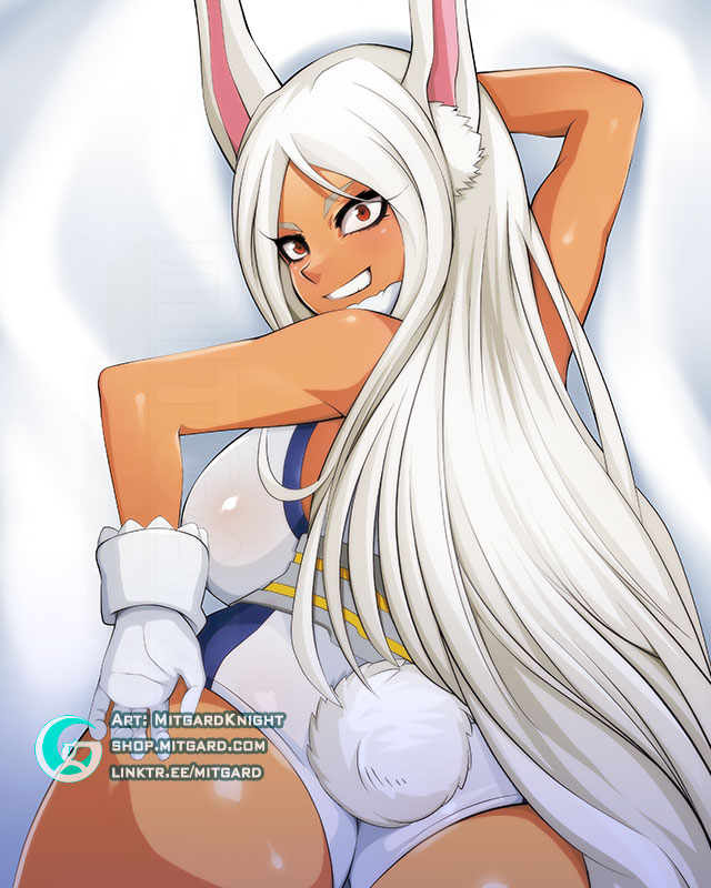 1girls animal_ears ass breasts dakimakura dark-skinned_female dark_skin female female_only hero heroine looking_at_viewer looking_back miruko mitgard-knight my_hero_academia red_eyes rumi_usagiyama solo white_hair