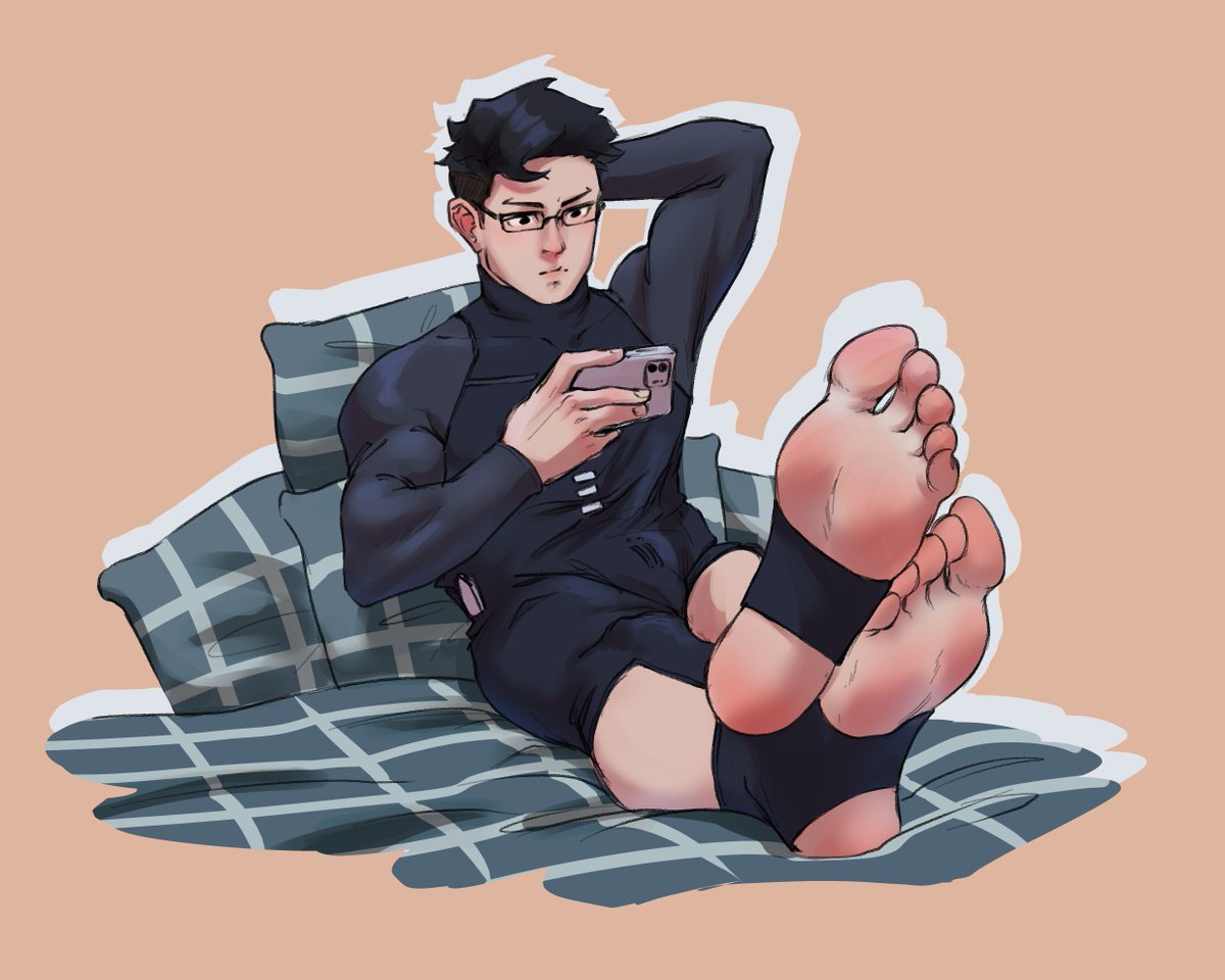 big_feet black_hair feet foot_focus glasses irisart_nsfw irisart_nsfw male_feet male_focus male_only muscular my_hero_academia phone solo_male stirrup_socks tenya_iida