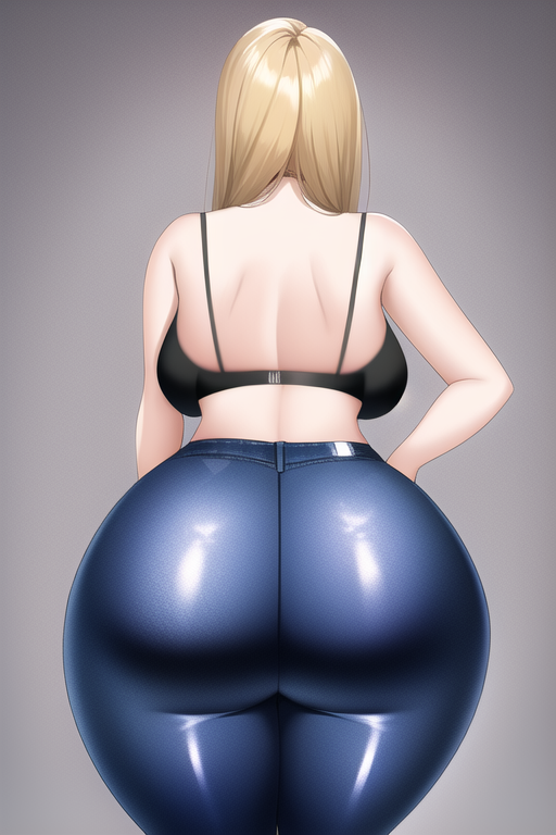 ai generated, ass, ass focus, black bra, blue leggings, bubble ass, faceless female, female, gigantic ass, hand on hip, huge ass, leggings, metroid, nai diffusion, samus aran, shiny ass, shiny clothes, shiny hair, stable diffusion