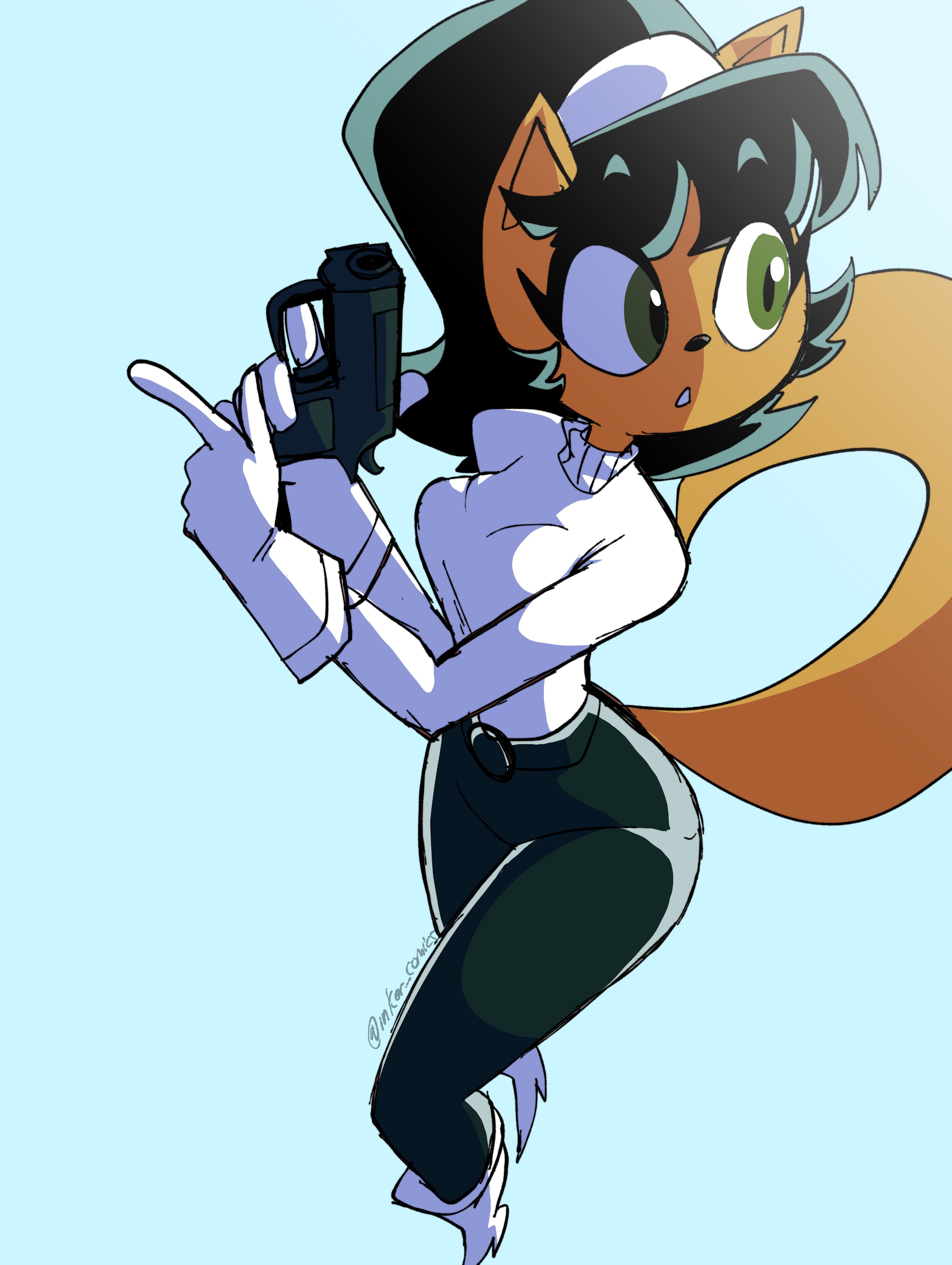 anthro, coolerinker, female, full body, gun, holding weapon, inker comics, inkershike, kitty katswell, t.u.f.f. puppy