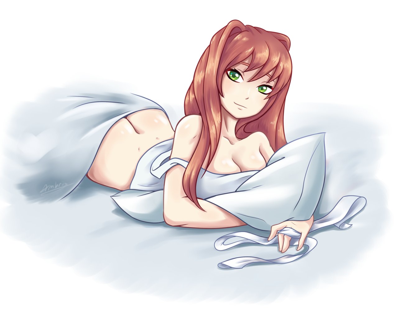 ambris ass blanket breasts cleavage doki_doki_literature_club female green_eyes long_hair monika_(doki_doki_literature_club) pillow white_background ych_result