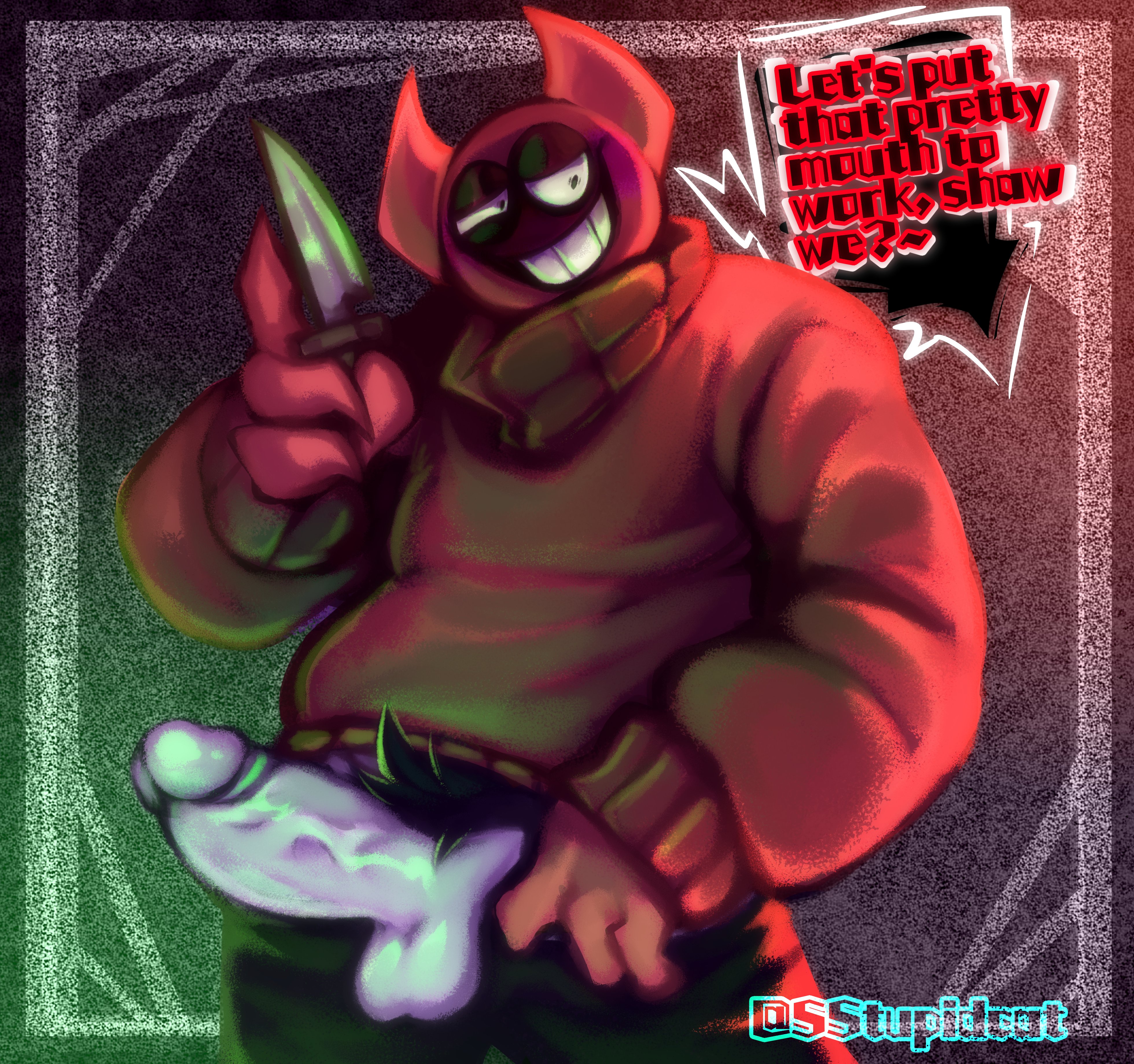 bob velseb, erect penis, erection, holding object, knife, male, male only, mostly clothed, penis, penis out, penis vein, pubes, pubic hair, smiling, solo male, spooky month, sr pelo, sstupidcat, text, text bubble