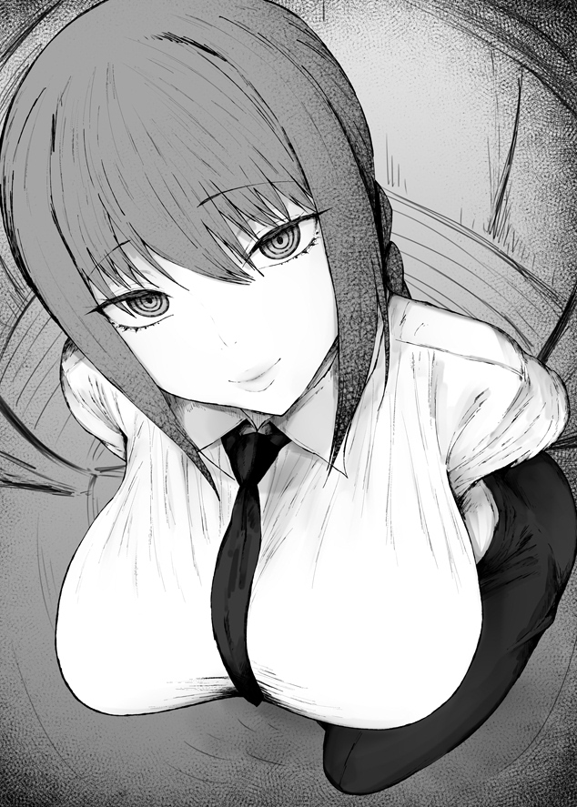 breasts, chainsaw man, female, huge breasts, kurotama, makima (chainsaw man), monochrome, ponytail, ringed eyes, shirt, tie