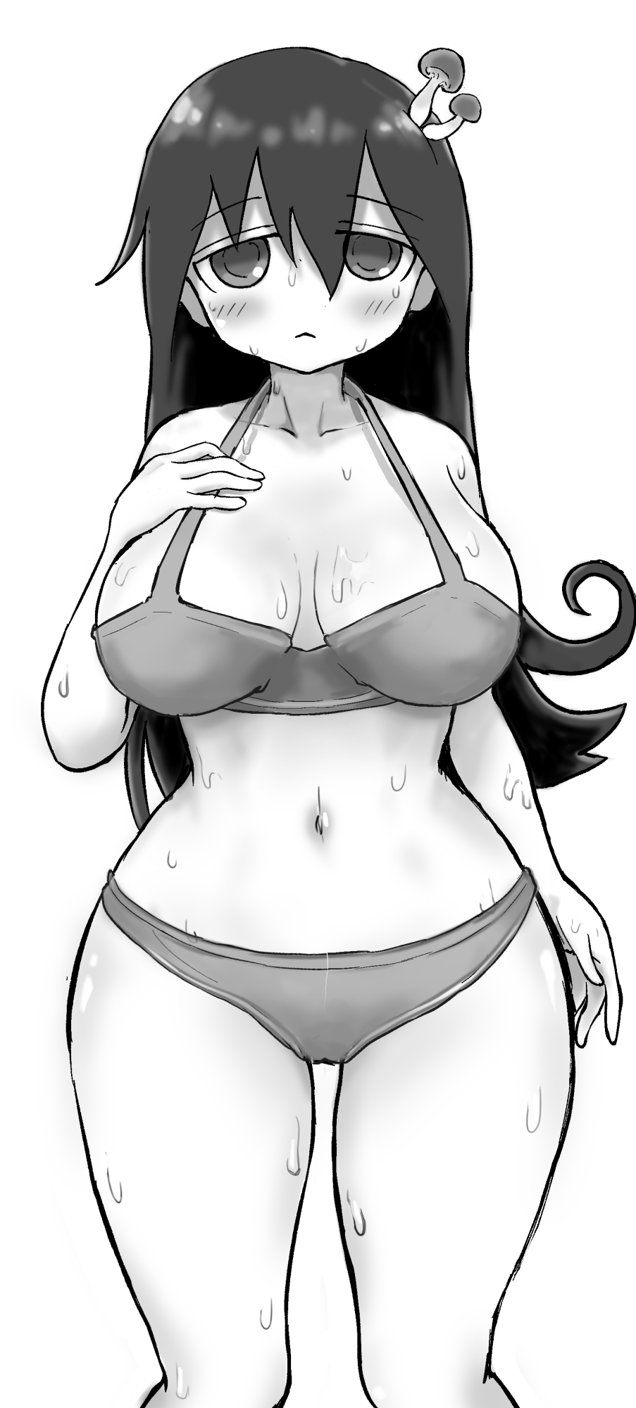 1girls black_hair breasts cameltoe cleavage female female_only greyscale large_breasts long_hair monochrome mushroom mushroom_on_head navel qkeod shijima_tsukishima shimeji_simulation solo_female sweat swimsuit