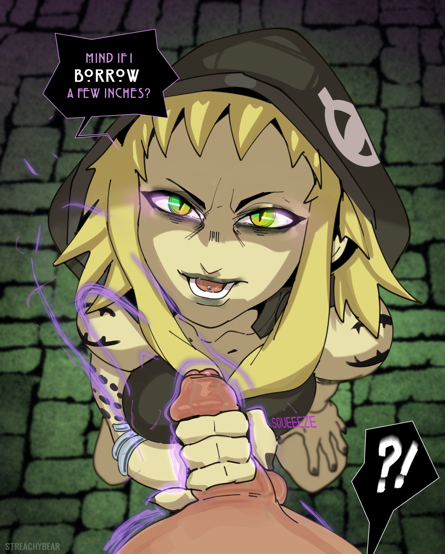 1boy, 1futa, adult swim, attribute theft, clothed, clothing, dialogue, erection, fully clothed, futa focus, futanari, hand on penis, high-angle view, human, implied futa, intersex, kneeling, light skin, light-skinned futa, looking at viewer, male, male pov, medusa gorgon, open mouth, penis, penis shrinking, penis size stealing, pov, pov eye contact, size theft, small penis, soul eater, streachybear, text, toonami, uncensored