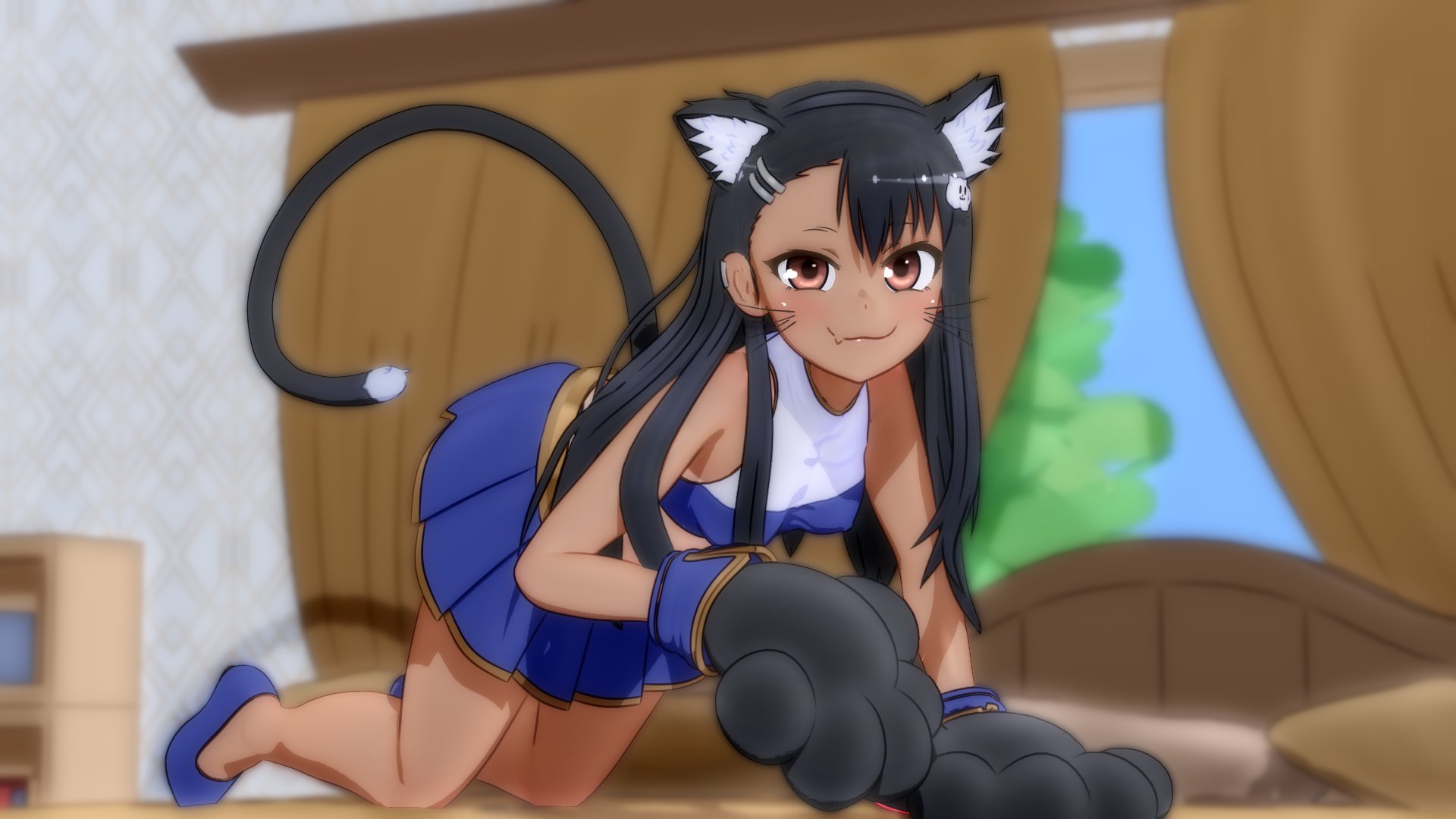 1girls, 3d, all fours, black hair, blush, breasts, brown eyes, cat ears, cat girl, cat tail, catgirl, clothed, clothing, fangs, female, female focus, female only, hayase nagatoro, hi res, highres, long hair, looking at viewer, mantis x, please don't bully me, nagatoro, pose, revealing clothes, simple background, skirt, small breasts, smile, solo, tail, tan, tan body, tan skin, tan-skinned female, tanned, tanned female